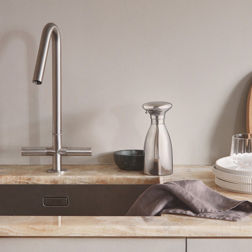 Georg Jensen Alfredo Soap Dispenser & Hand Sanitizer Pump - Premium Stainless Steel Bathroom Accessory for Modern Home & Luxury Hotel Decor