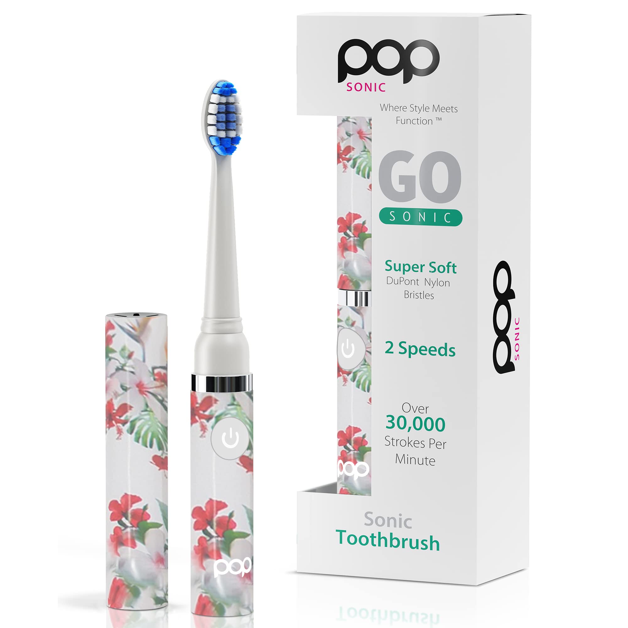 Pop Sonic Electric Toothbrush for Kids & Adults - White Floral Travel Toothbrush with 2 Speed Modes (15,000-30,000 RPM), AAA Battery Powered, Dupont Nylon Bristles | Perfect for Home, Travel & Daily Oral Care