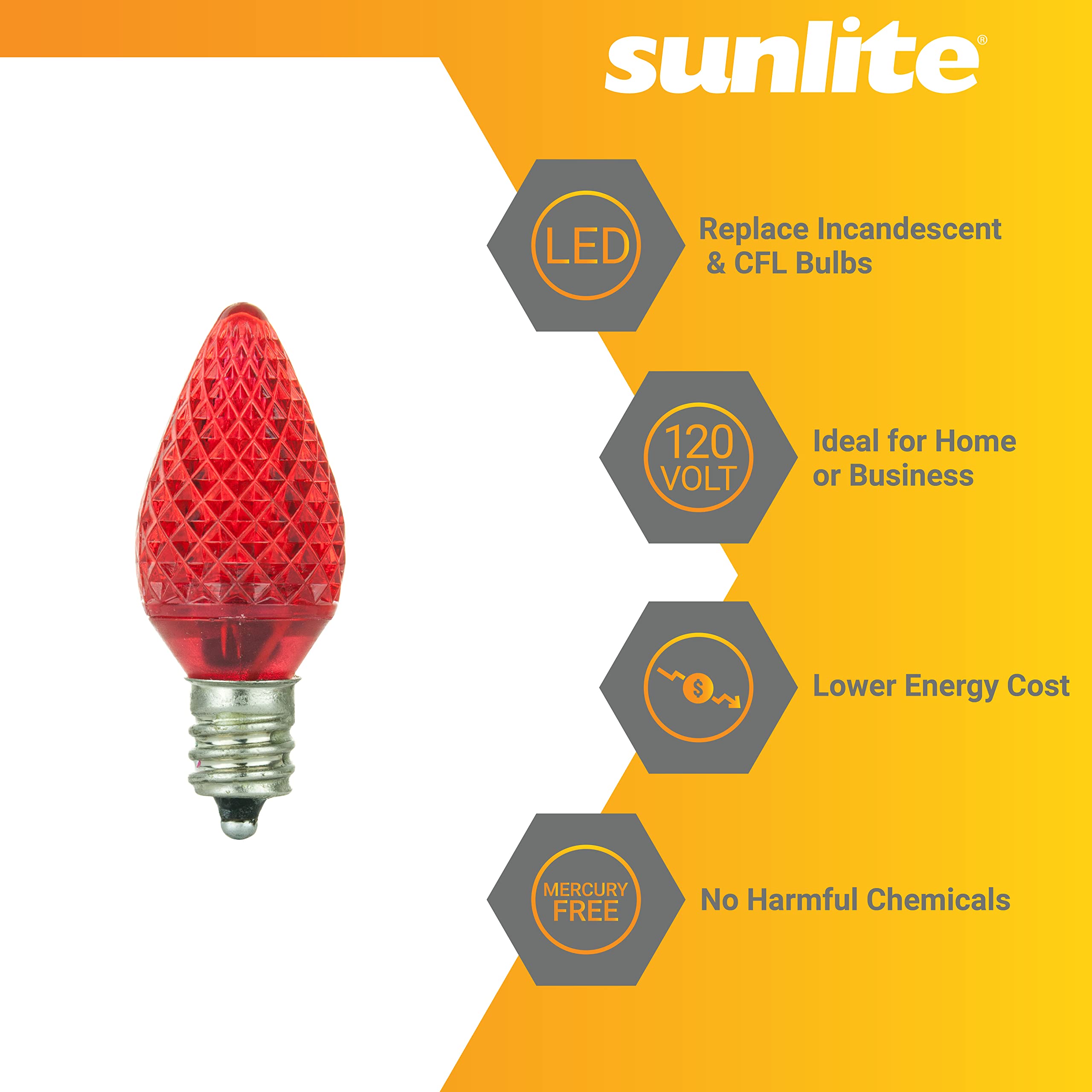 Sunlite 80702 LED C7 Holiday Decorative Light Bulb - 0.4W E12 Candelabra Base, Faceted Christmas Lights - Red (6 Pack) for Indoor/Outdoor Decor, Tree, Mantel & Nightlight Use