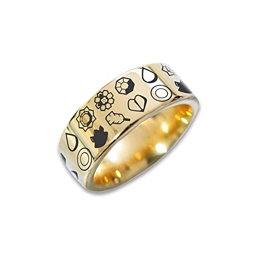 Anime Badge Ring Set - Boulder, Cascade, Rainbow, Soul, Marsh, Volcano & Earth Badges - Pokeball Jewelry for Wedding Bands, Engagement Rings - Perfect for Cosplay, Anime Conventions & Pokemon Themed Weddings