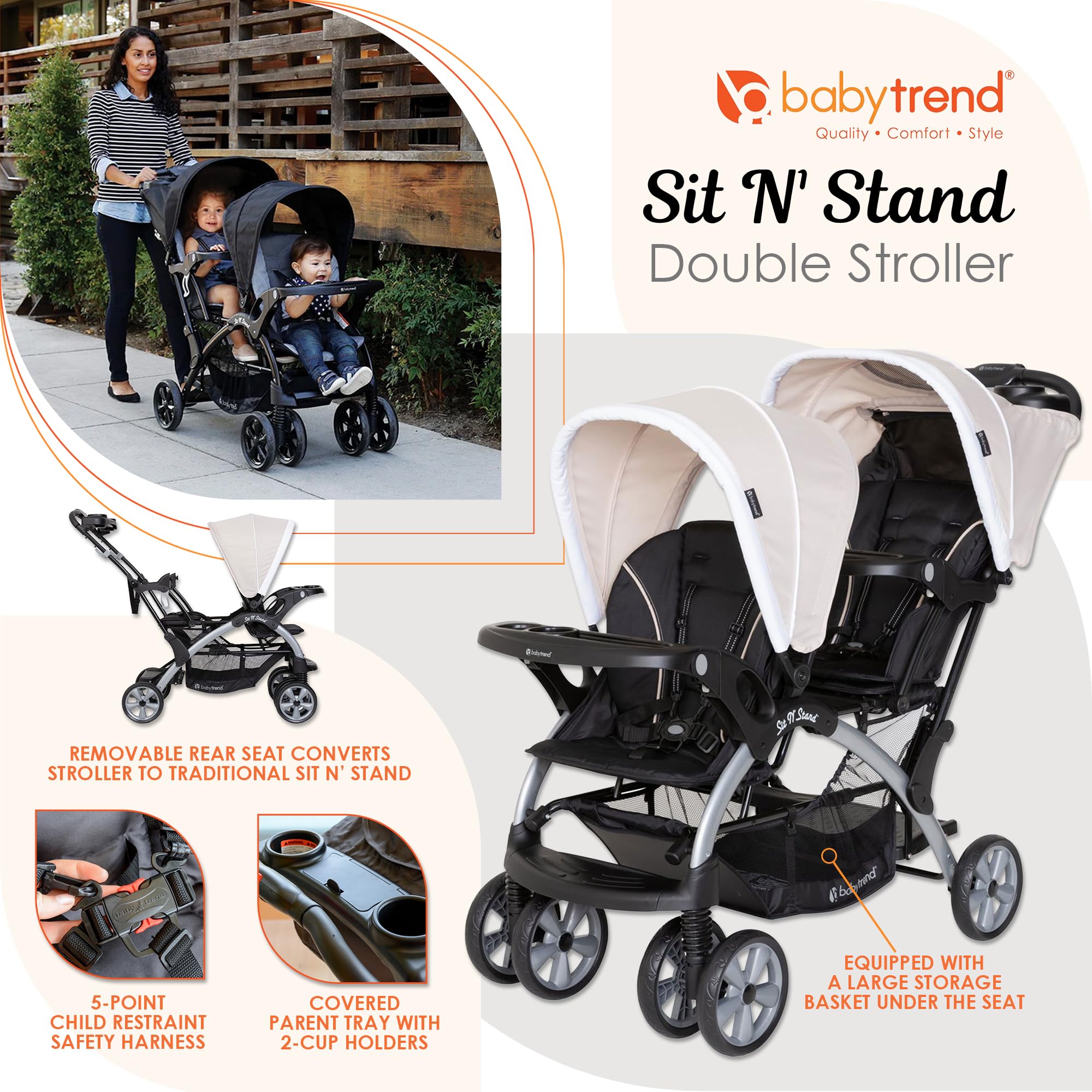 Baby Trend Double Stroller & 2 Car Seat Combo - 3 Piece Travel System for Twins or Siblings (Khaki) | Perfect for Shopping, Travel & Daily Walks with Infants & Toddlers