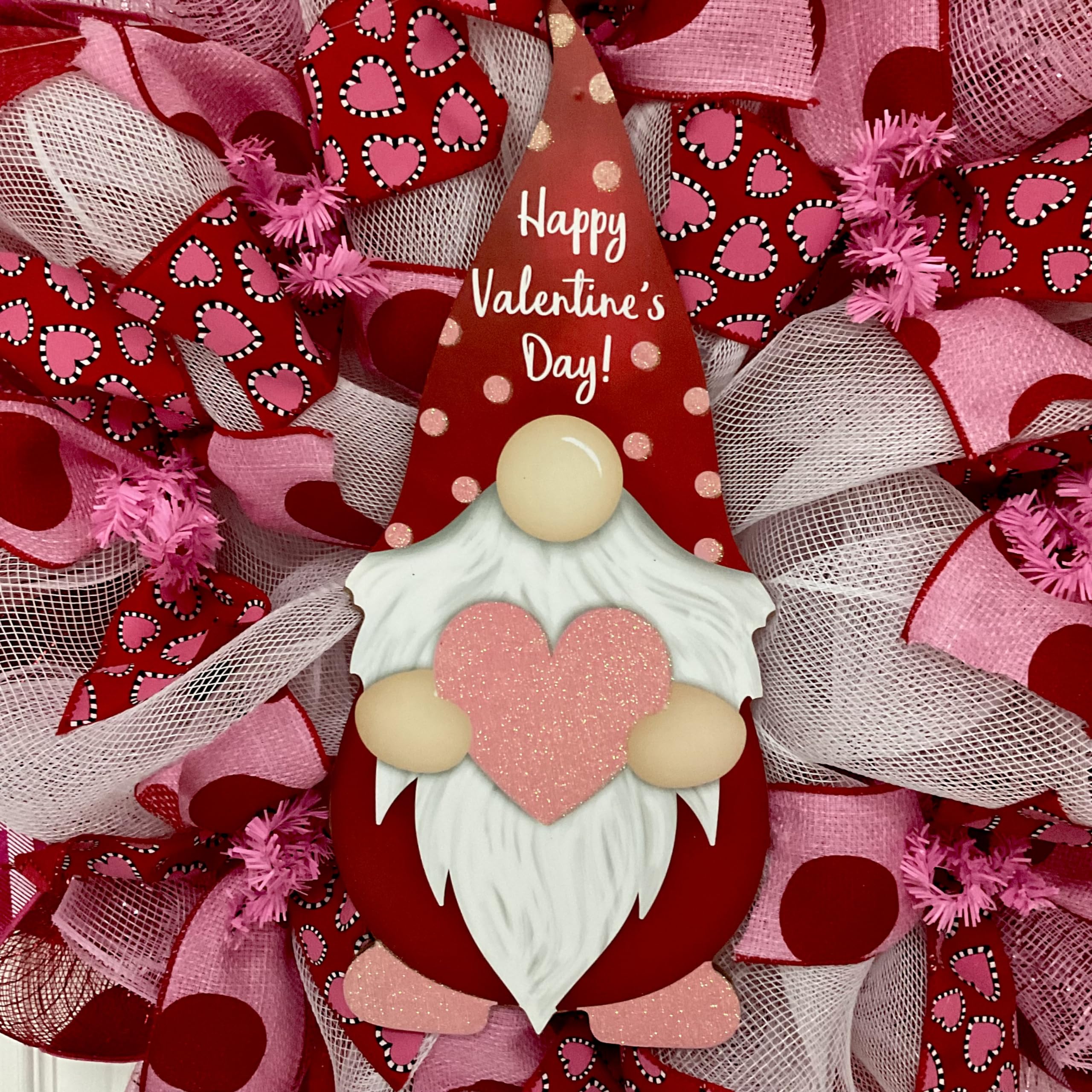 Handmade Valentine's Day Gnome Deco Mesh Wreath - Romantic Home Door Decor for Valentine's, Wedding, Anniversary & Seasonal Celebration