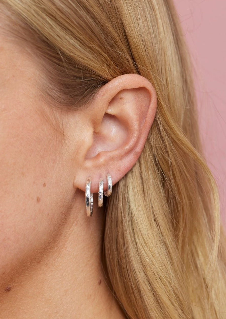 Sterling Silver Textured Huggie Hoop Earrings for Women - Medium Size, Perfect for Everyday Wear & Gifting
