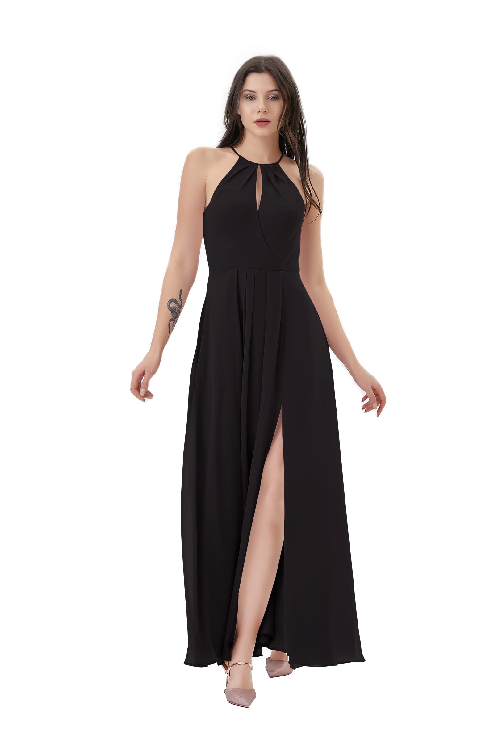 Elegant Women's Halter Keyhole Formal Evening Gown - Chiffon Long Wedding Guest Dress with Front Split - Perfect for Prom, Cocktail Parties & Special Occasions