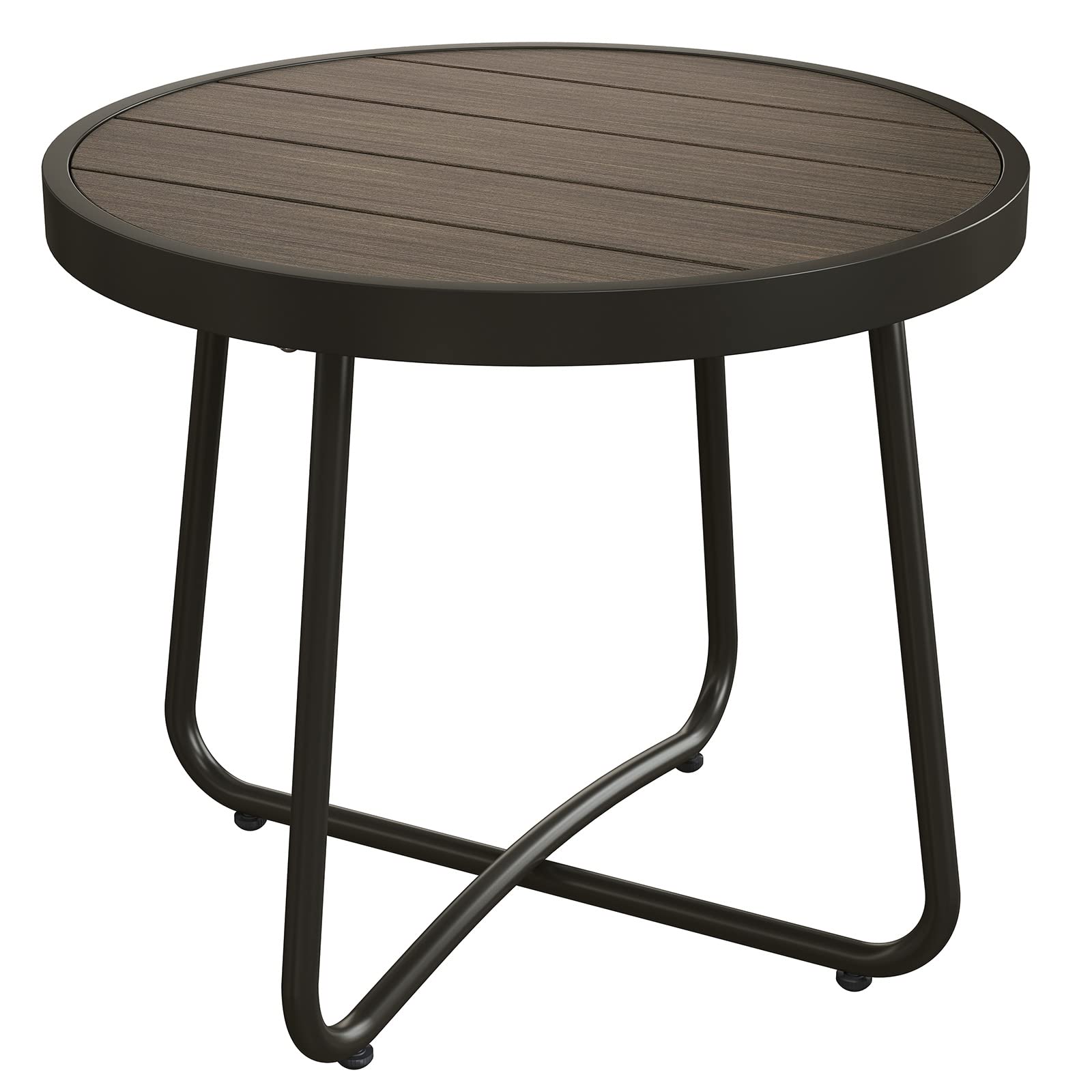 Outdoor Round Side Table with Imitation Wood Tabletop - Dark Grey Patio End Table for Garden, Deck, and Poolside Relaxation