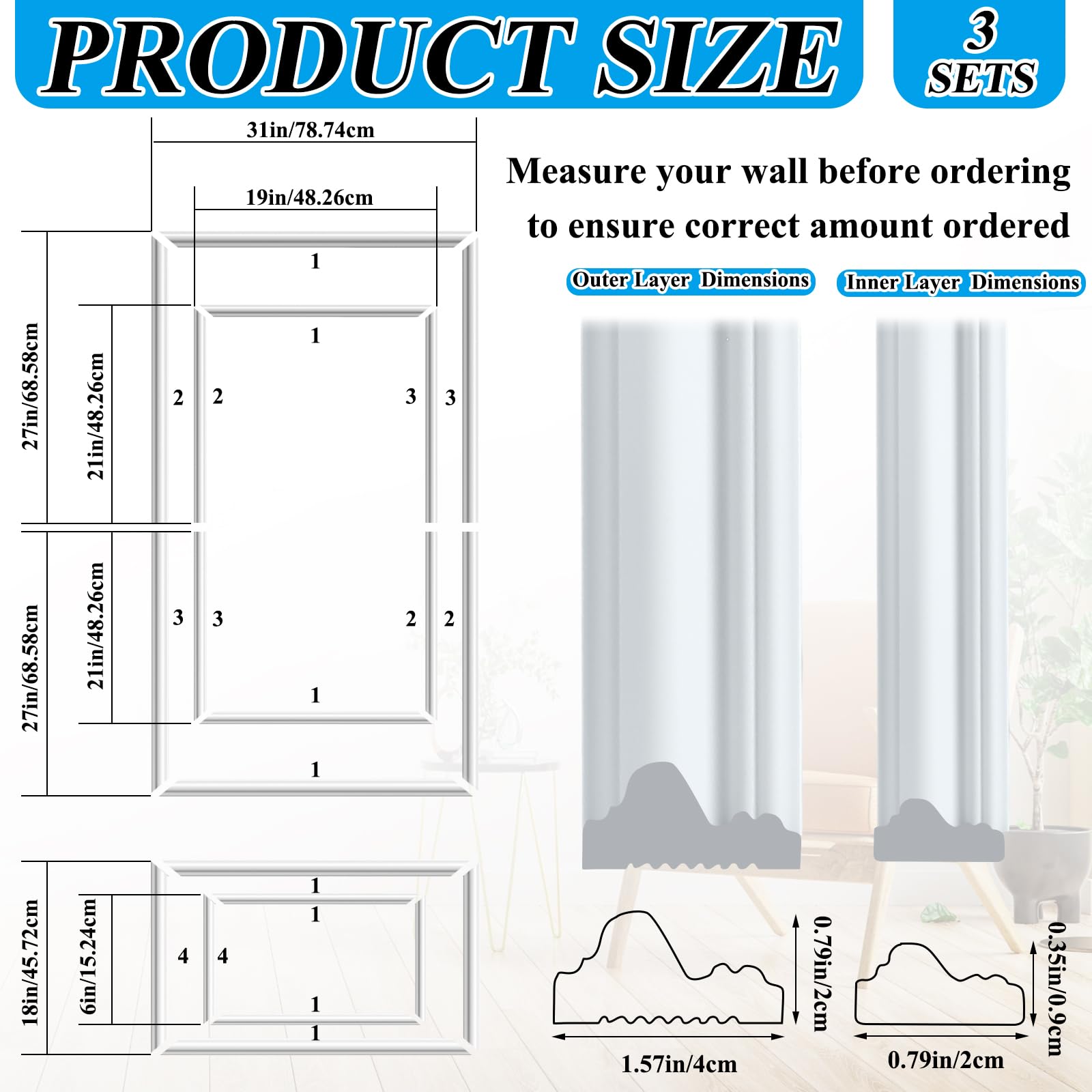 Pangda 3-Piece Peel and Stick Wall Molding Kit - Inner & Outer Layer Wainscoting Panels for Interior Wall Decor - Easy DIY Accent Wall Molding - Perfect for Living Room, Bedroom, and Office Decoration