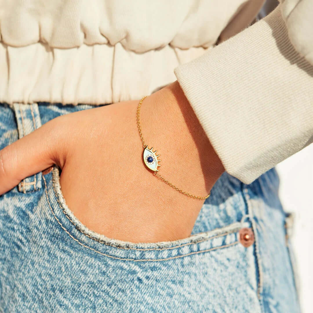 YS015 Sterling Silver Turkish Evil Eye Bracelet with Gold Accents - Protection & Style for Women, Perfect for Gifts & Everyday Wear