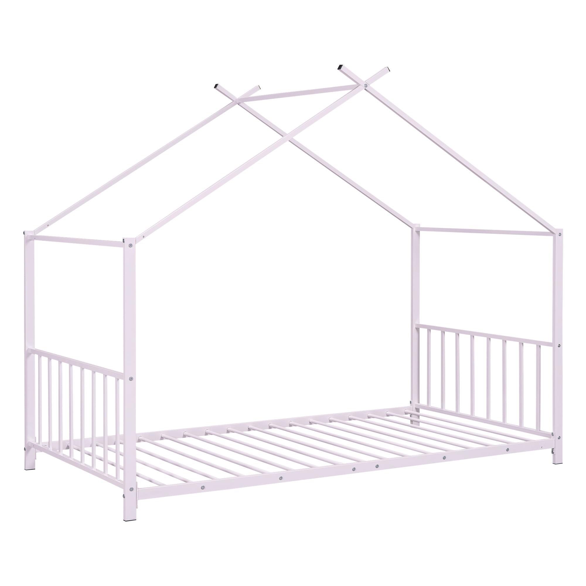 Montessori Twin Size Floor Bed for Kids - Sturdy Metal Frame with High Headboard & Roof - Pink House Bed for Boys & Girls - Perfect for Bedroom, Playroom & Montessori Learning Spaces