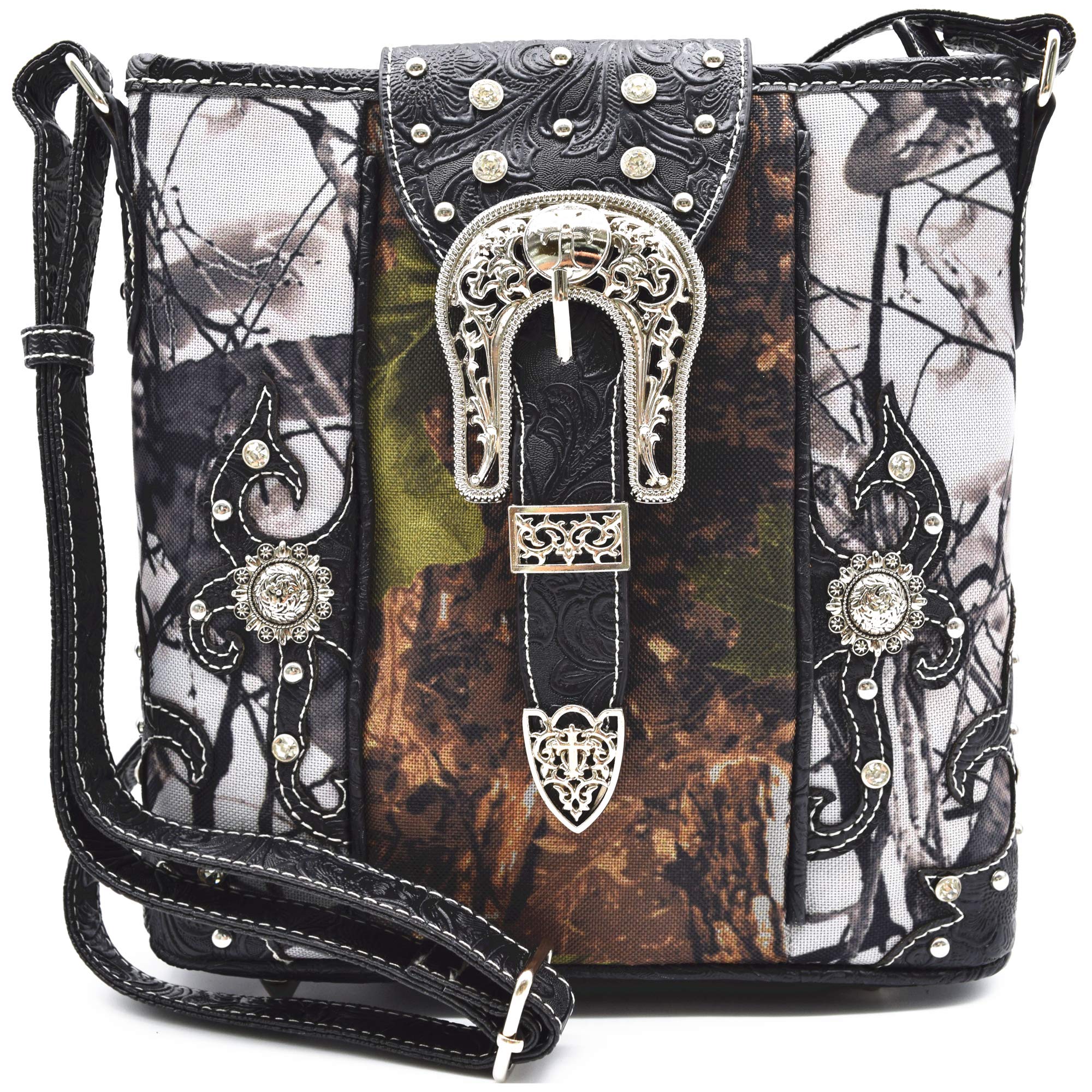 Western Style Camouflage Crossbody Handbag with Concho Buckle & Floral Tooling - Women's Shoulder Purse with Studs & Matching Wallet Set - Perfect for Country Concerts, Rodeos & Western Fashion Outfits