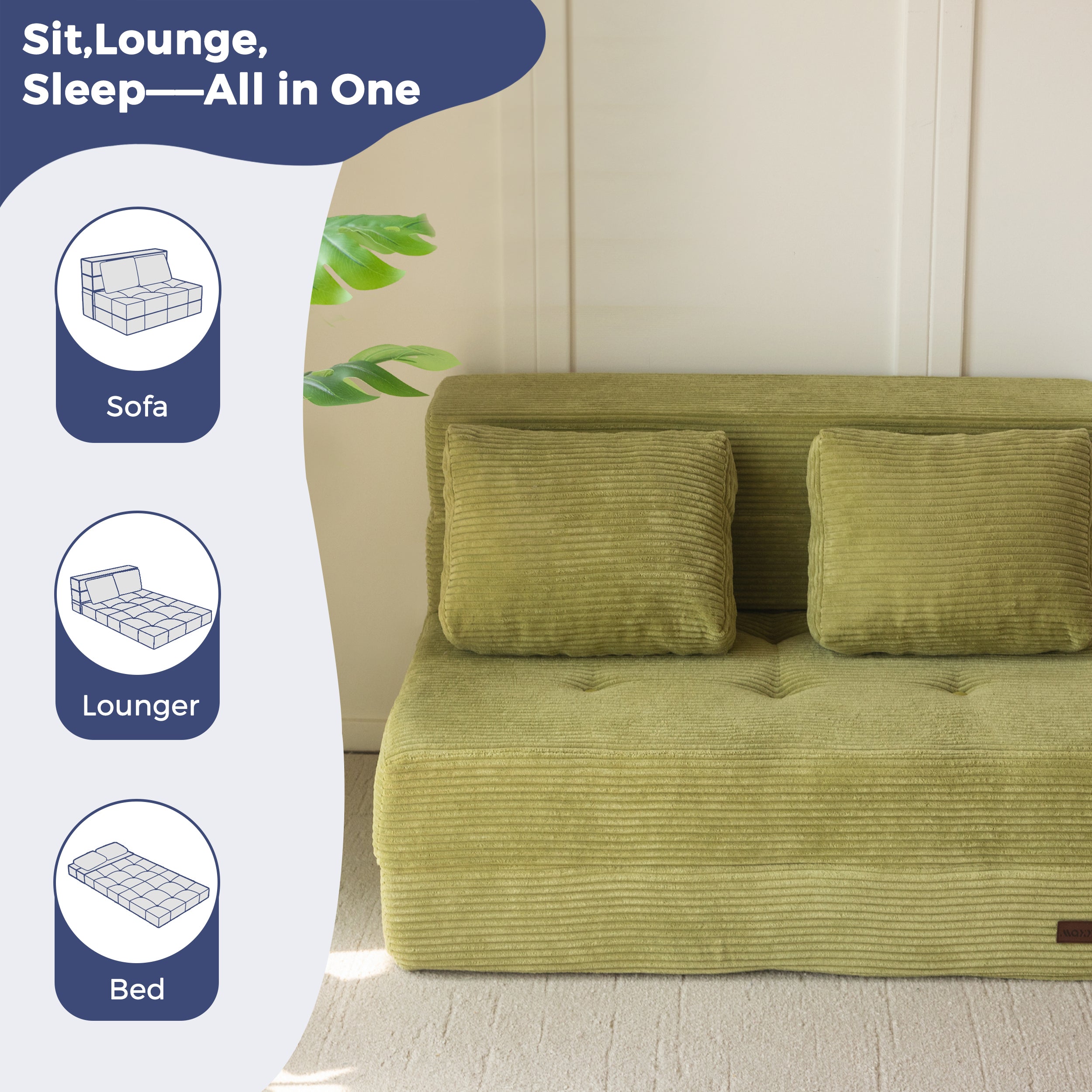 MAXYOYO 3-in-1 Convertible Sofa Bed - Foldable Single Sleeper Couch with Pillow, Foam Floor Lounger & Lazy Chair for Living Room, Bedroom & Guest Room (Green) | Perfect for Small Spaces, Overnight Guests & Cozy Relaxation