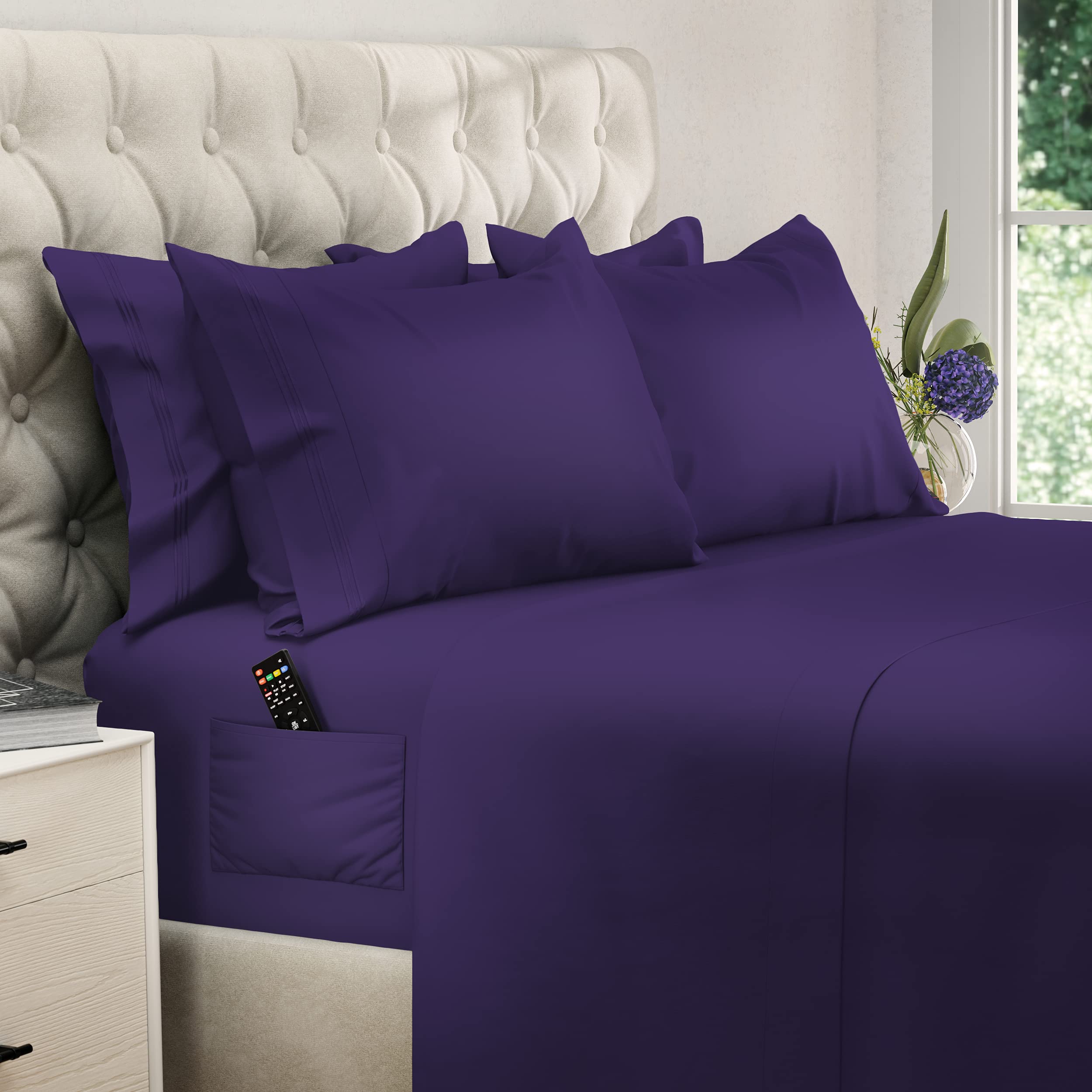 Cooling Full Size Bed Sheets Set - 6pcs Soft 100% Brushed Polyester Sheets with Side Pocket (Purple) | Breathable & Durable for Hot Sleepers | Perfect for Summer Nights, Guest Rooms & Dorm Essentials