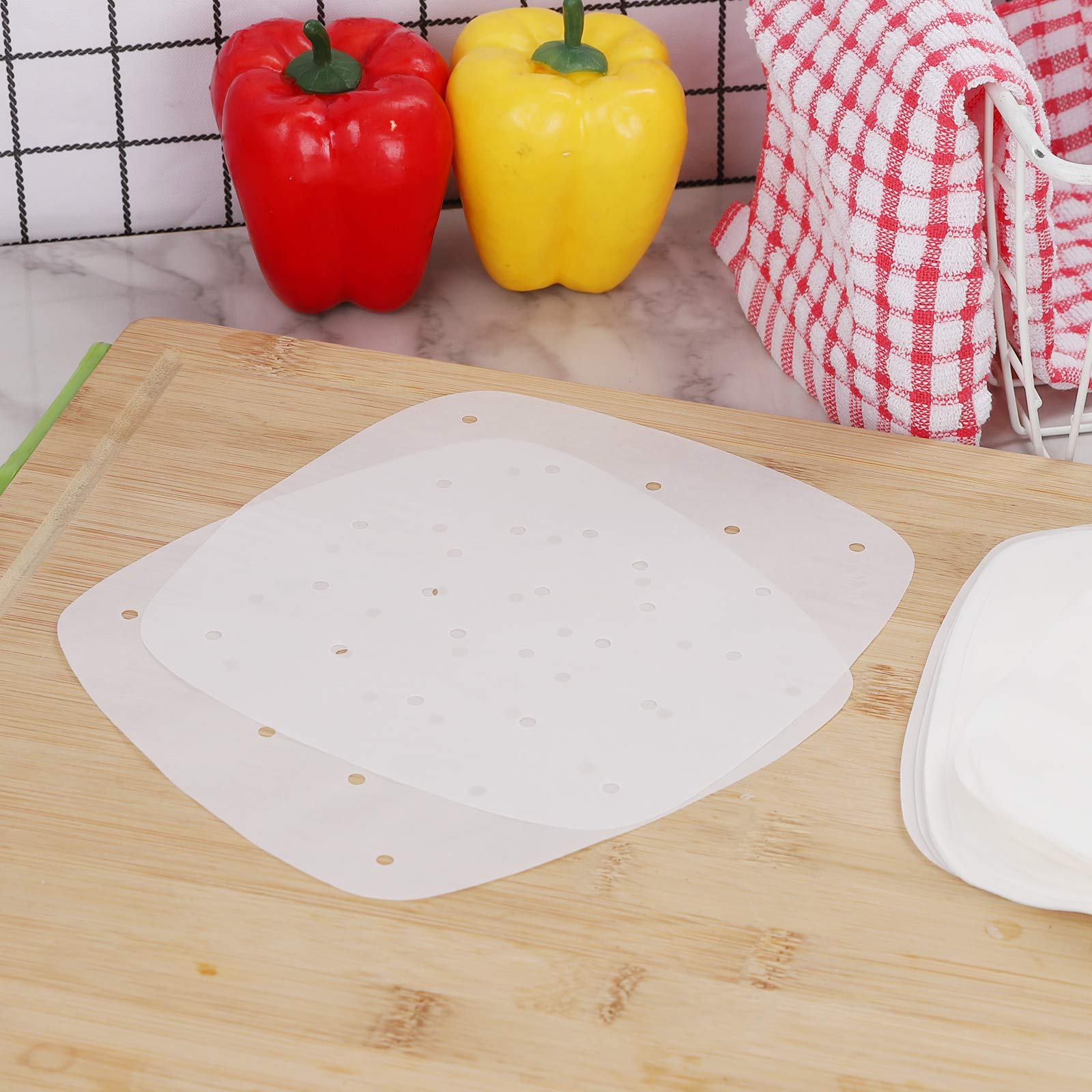 100-Pack 8.5 Inch Square Air Fryer Disposable Paper Liners - Premium Perforated Parchment Steaming Papers, Non-Stick Steamer Mat for Baking, Cooking & Steaming | Perfect for Air Fryers, Instant Pots & Microwave Ovens