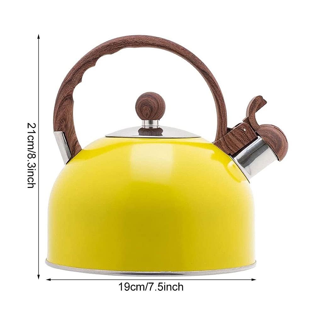 Premium 2.5L Stainless Steel Whistling Tea Kettle for Stovetop - Wood Grain Handle with Loud Whistle - Yellow - Perfect for Home, Office & Camping Tea Brewing