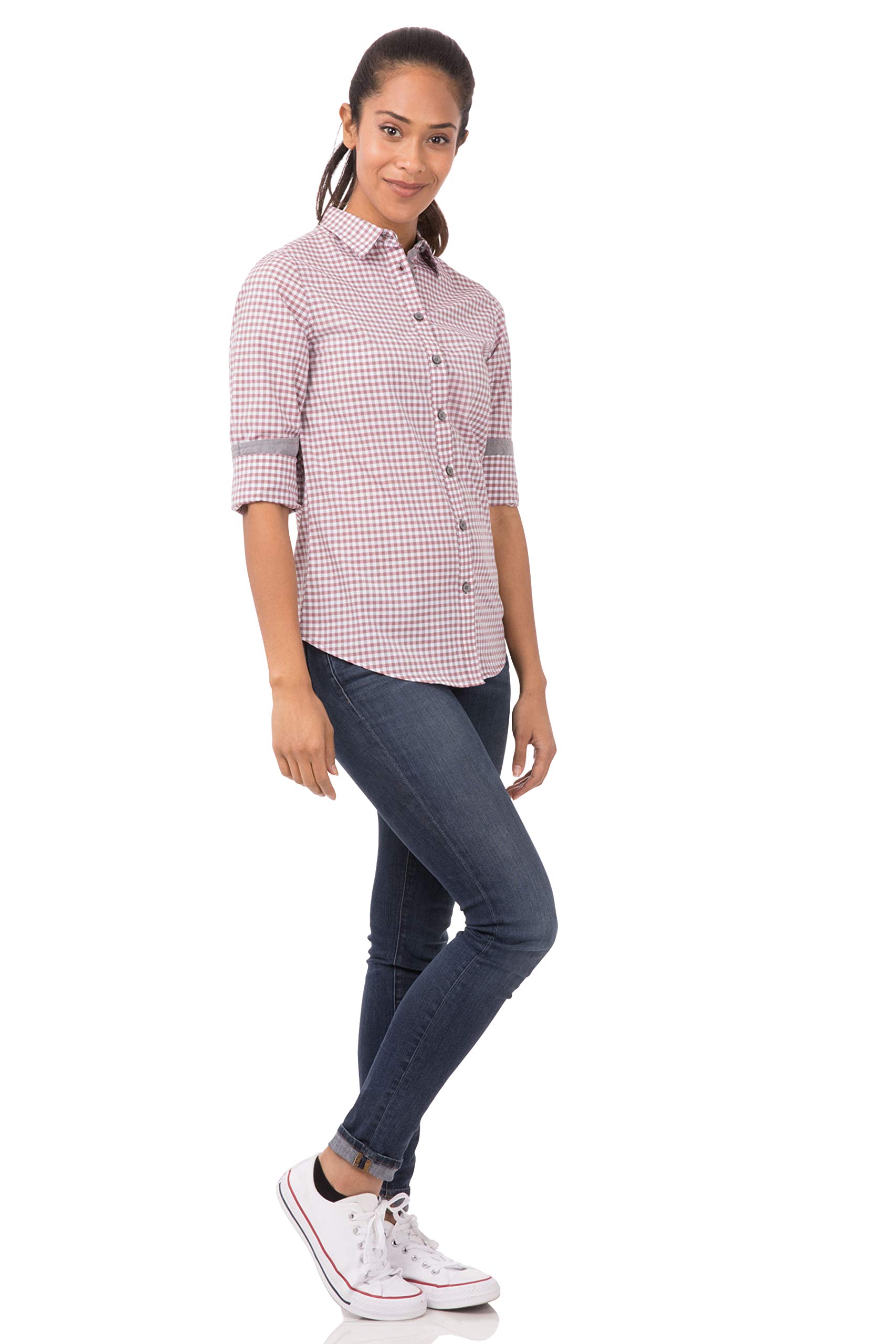 Chef Works Women's Custom Embroidered Modern Gingham Long Sleeve Dress Shirt - Professional Kitchen Uniform & Stylish Office Wear