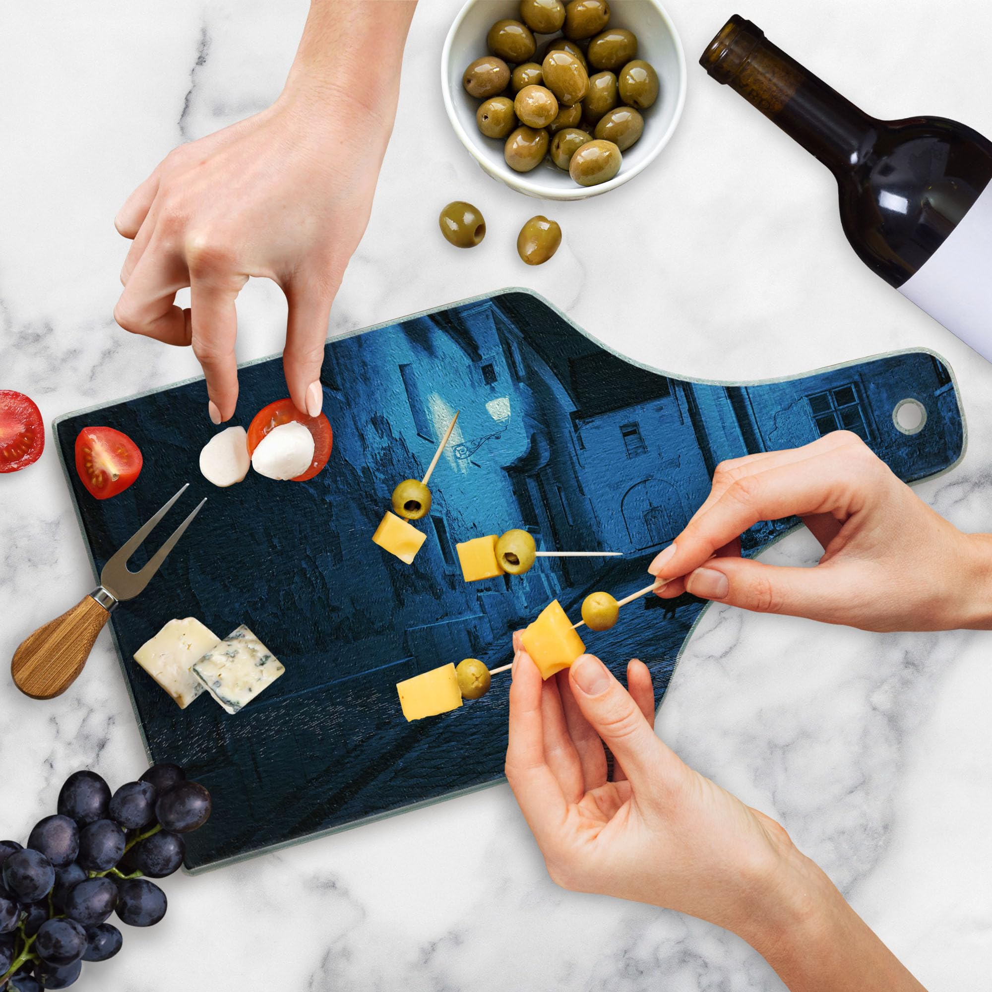 Ambesonne Urban Themed Cutting Board - Black Cat in Deserted European Alley Night Scene, Tempered Glass Serving Board for Kitchen & Entertaining, Wine Bottle Shape in Blue, Black & White - Perfect for Cheese Platters, Charcuterie & Wine Pairings