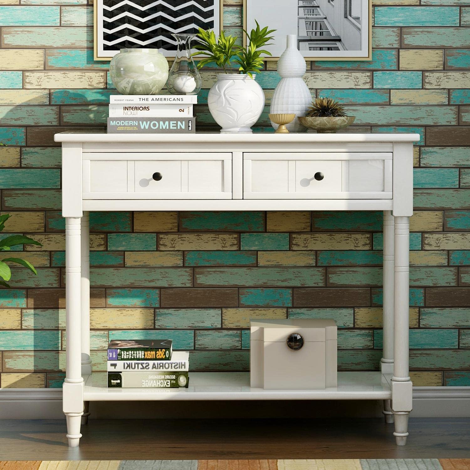 JINS&VICO Ivory White Console Table with Two Drawers and Bottom Shelf - Entryway Sofa Table, Sideboard for Living Room & Dining Room - Perfect for Hallway Decor, Small Space Storage & Home Organization