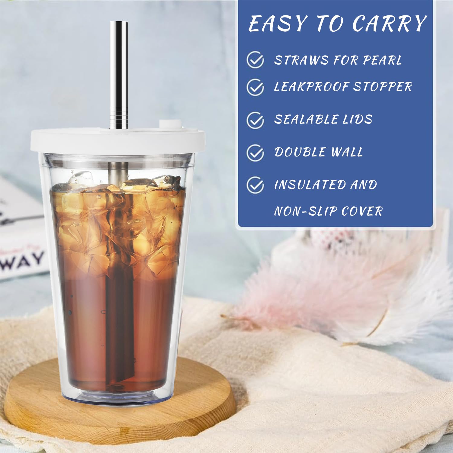 ALINK 450ml Clear Bubble Tea Cup with Lid & Straw - Leakproof Double Wall Insulated Plastic Tumbler for Smoothies, Iced Coffee & Boba Drinks - Perfect for Home, Office & Takeout