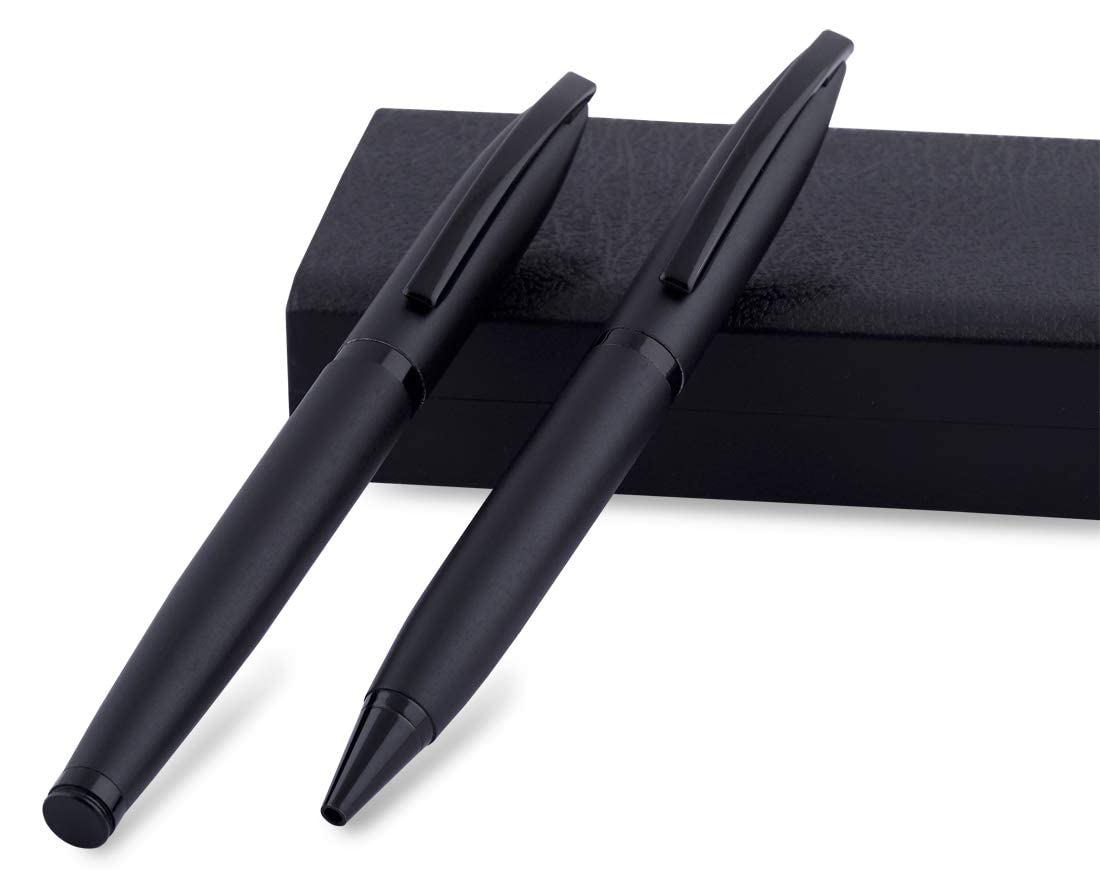 Premium Black Executive Pen Set - 2 Pack Blue Ink Rollerball & Ballpoint Pens for Office, Business Gifts & Professional Writing