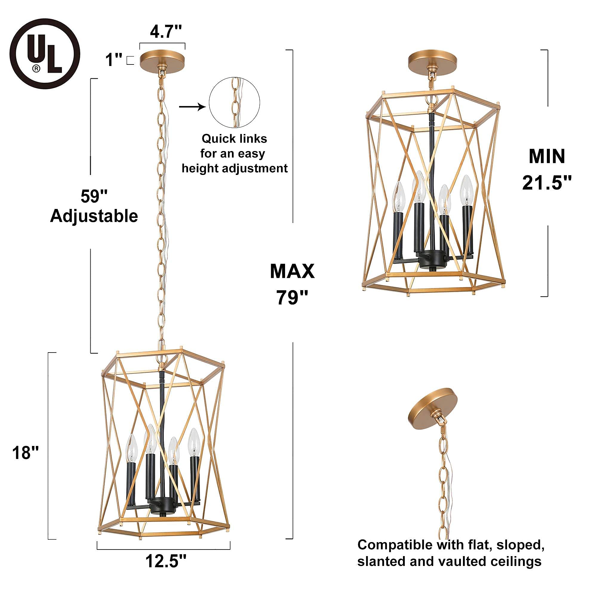 Modern 4-Light Gold Chandelier - Durent Lighting Metal Pendant Fixture for Kitchen Island, Bedroom, Dining Room | Elegant Lighting for Home & Office Decor