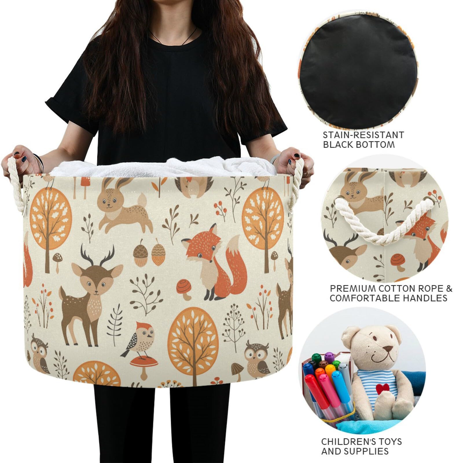 ALAZA Large Round Storage Basket - Autumn Forest Jungle Animal Fox Deer Rabbit Design, Nursery Toy Basket, Laundry Hamper for Bathroom, Bedroom & Home Decor - Perfect for Kids' Room, Organizing Toys, Clothes & Home Essentials