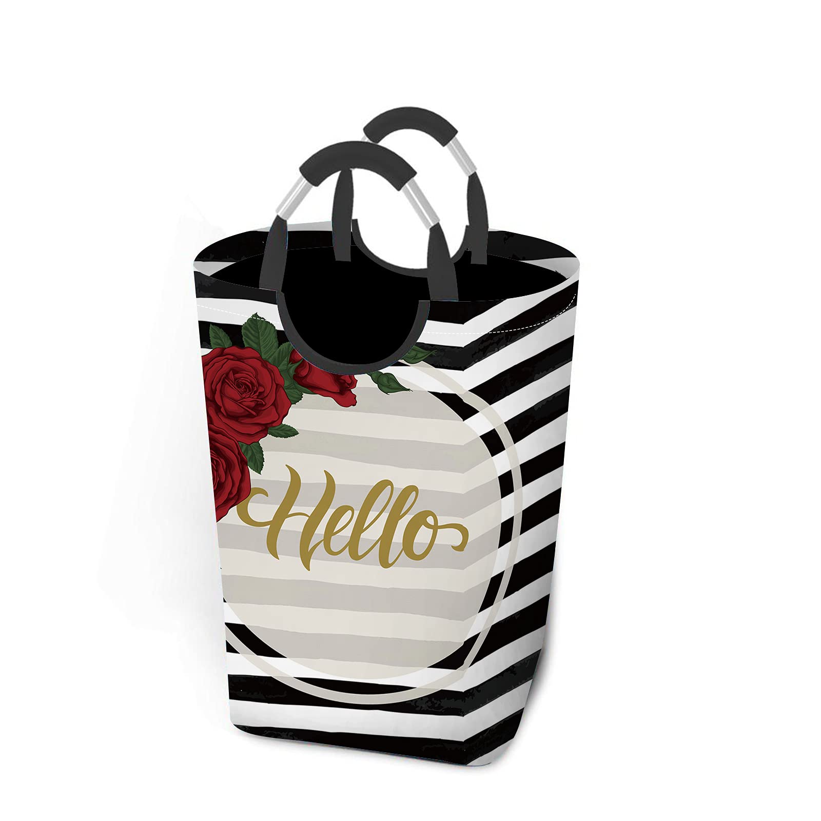 Wondertify Lettering Hello Bouquet Laundry Hamper - Black and White Striped Clothes Basket with Easy Carry Handles for Clothes Organizer, Toys Storage, Watercolor Design - Perfect for Nursery, Bedroom, and Laundry Room Organization