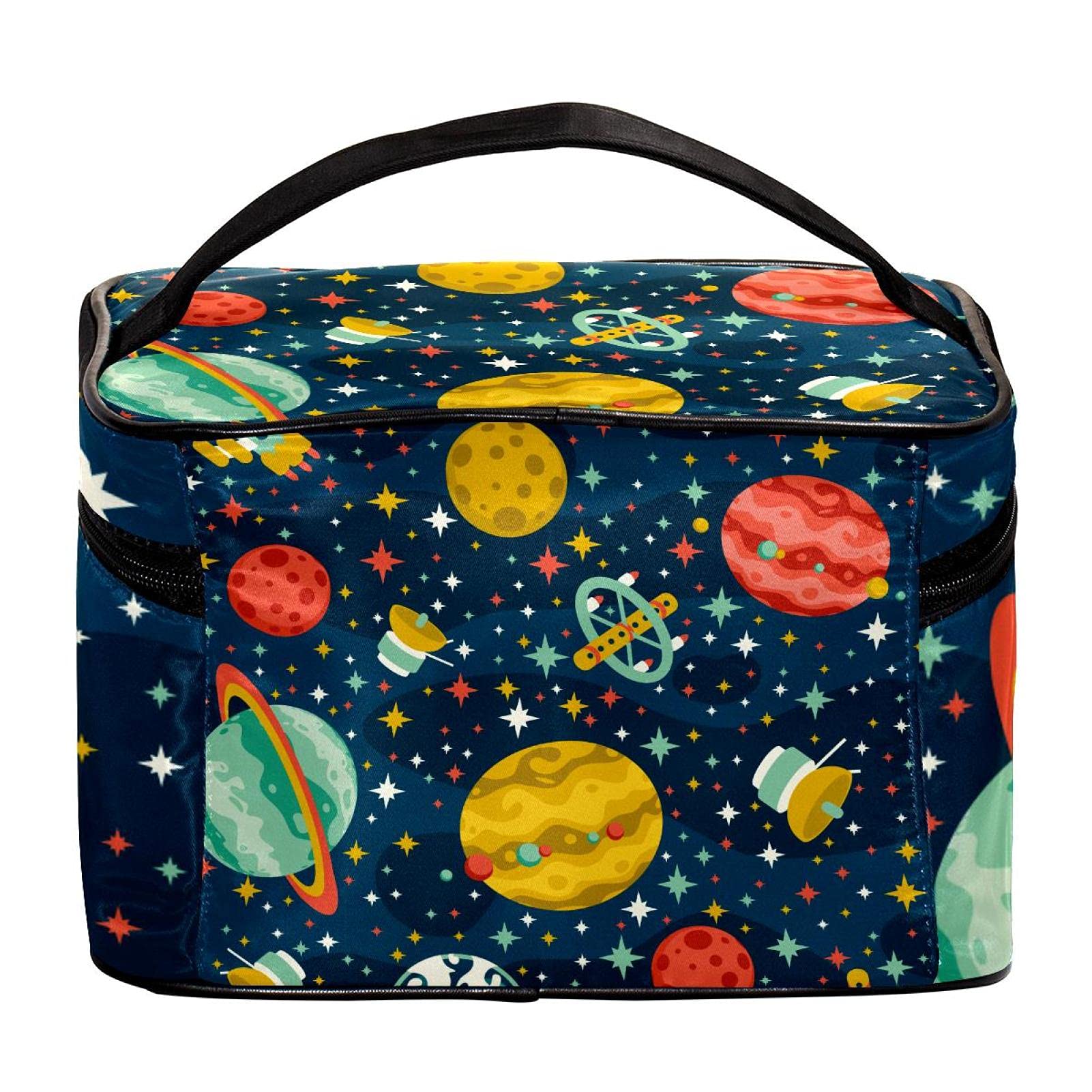 **Cartoon Space Star Planet Spaceship Travel Makeup Bag - Large Cosmetic Organizer with Zipper for Women & Girls - Perfect for Travel, Gym, and Daily Storage**