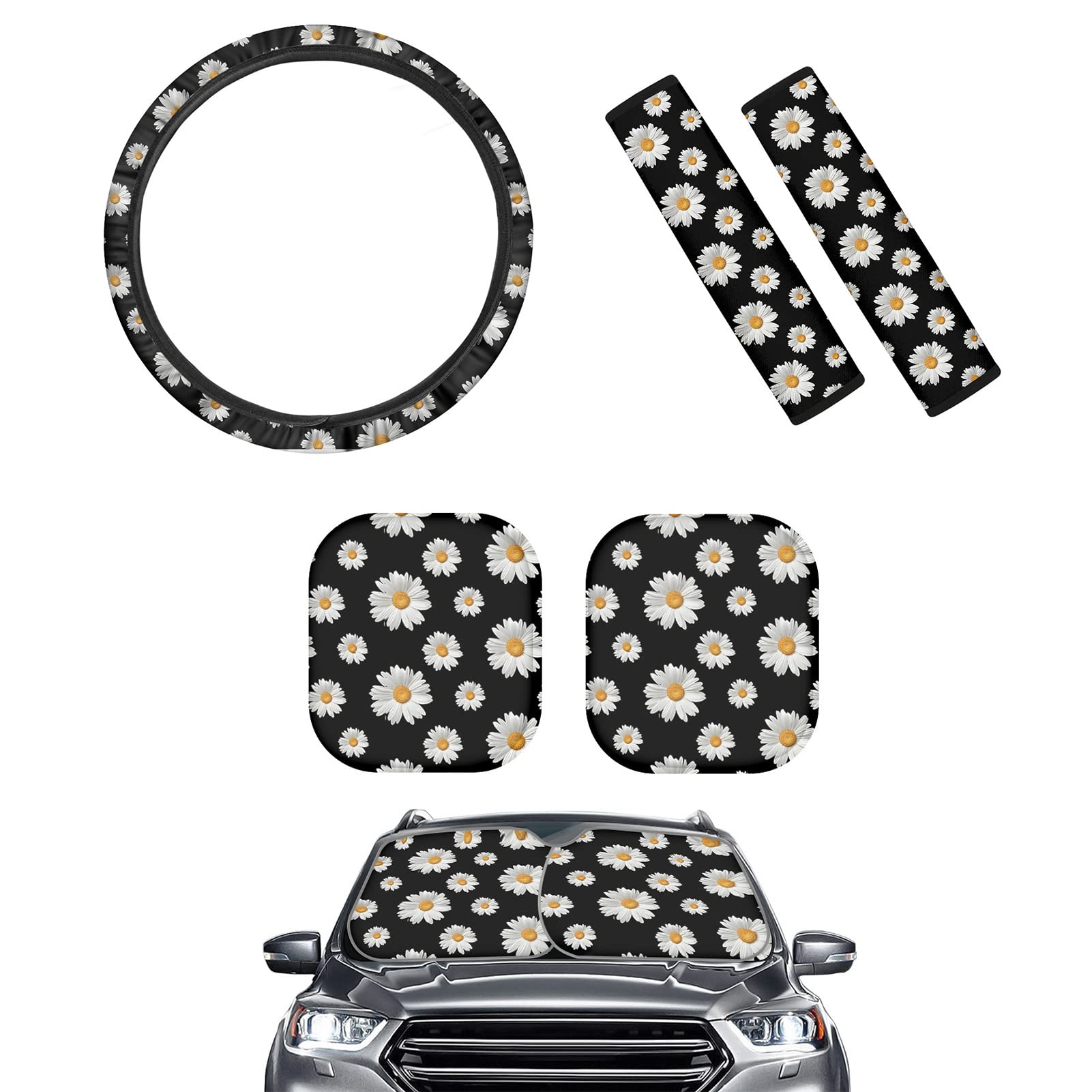 JoyLamoria White Daisy Car Seat Belt Cover - Soft Padded Steering Wheel Protector & Sunshade for Outdoor Travel, Beach, Road Trips - Universal Fit for Most Vehicles