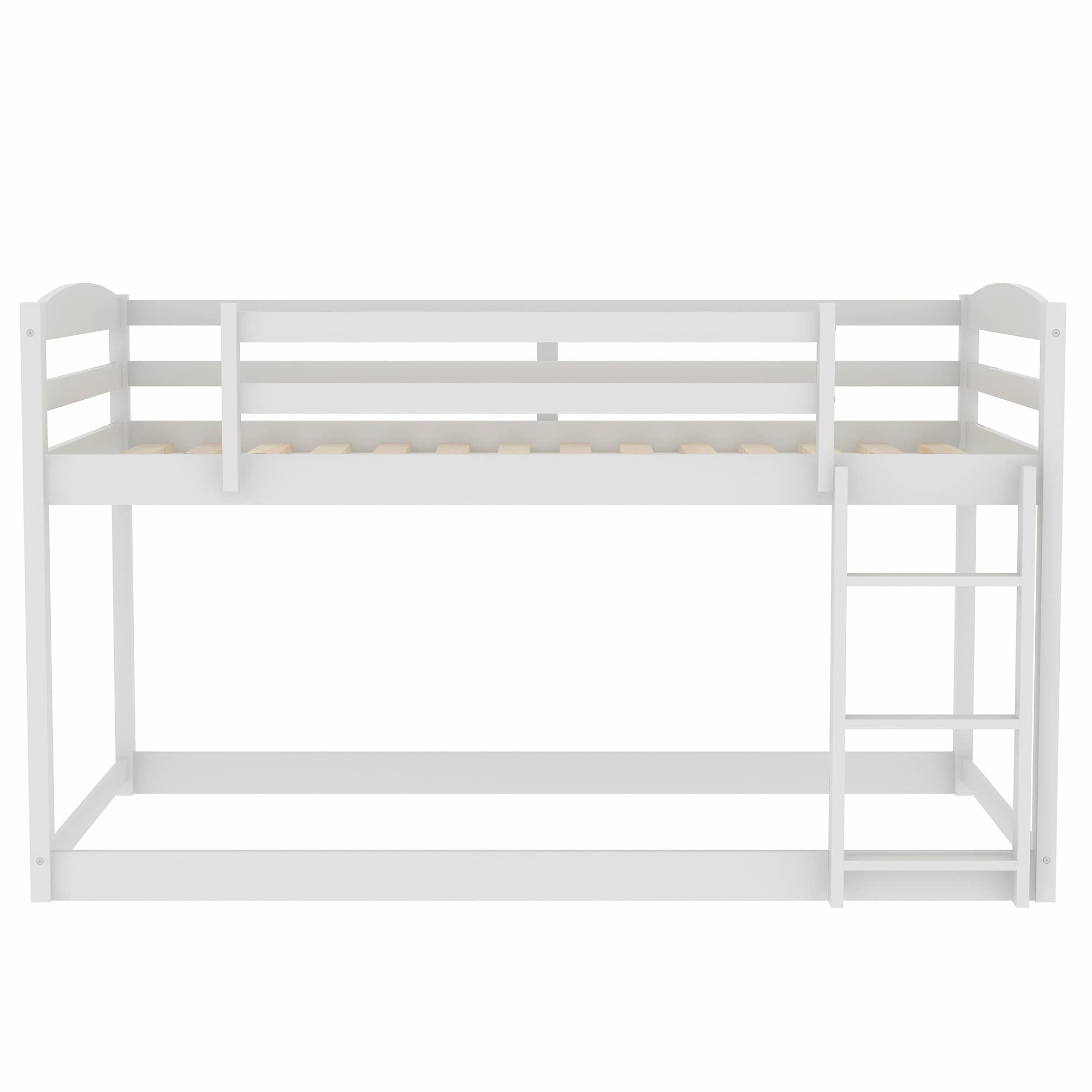 TOPAMZER Twin Over Twin Bunk Bed with Ladder - Solid Pine Wood Low Profile Bed Frame with Safety Guardrails for Kids & Teens - No Box Spring Required (White) - Perfect for Small Bedrooms, Dorms & Shared Kids' Rooms