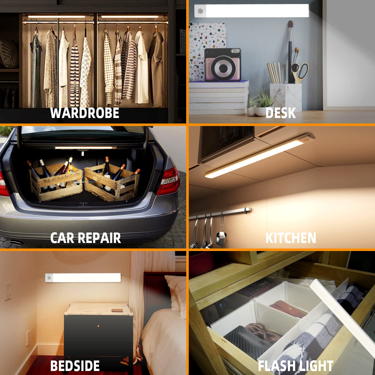 Lychico 40 LED Motion Sensor Under Cabinet Lights (20cm, 6000K Cool White) - USB Rechargeable Battery Powered Night Lights with Magnetic Strip - Pack of 4 - Perfect for Kitchen, Closet, Stairway & Bedroom Lighting