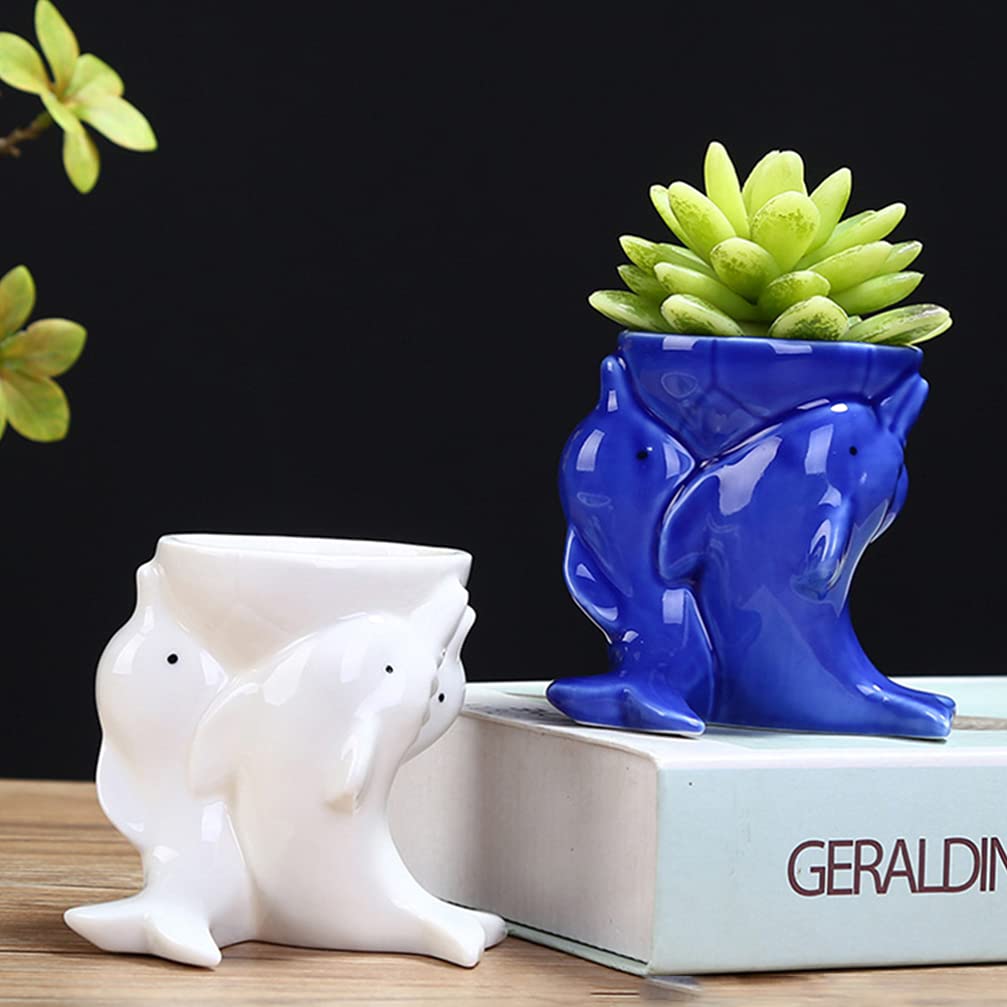 Cabilock Ceramic Dolphin Pen Holder & Succulent Planter - Cute Animal Flower Pot, Mini Bonsai Vase, Desk Organizer for Office, Balcony Decor, Home & Garden Landscape Accessories