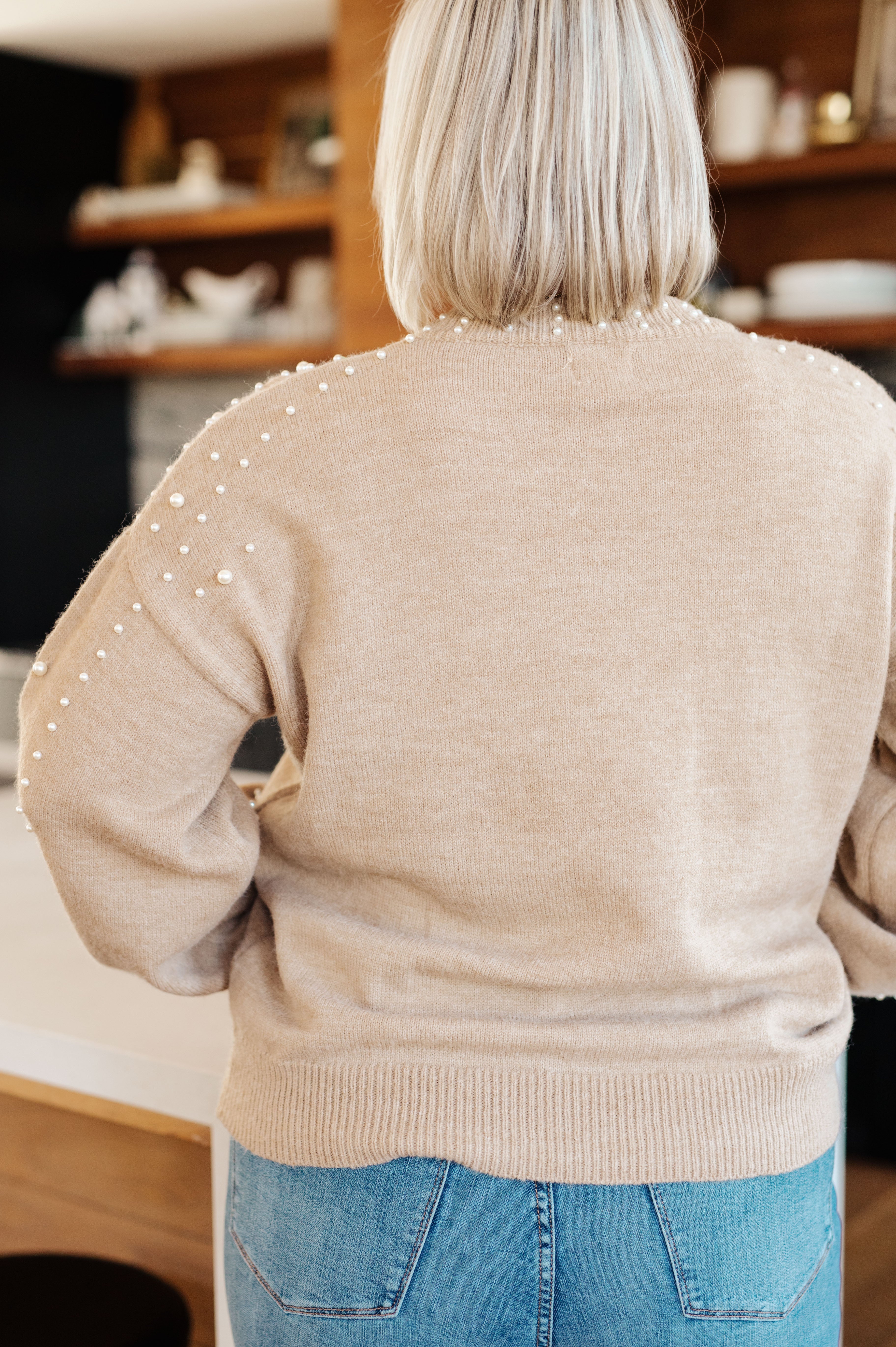 Elegant String Me Along Pearl Accent Sweater - Women's Chic Knit Pullover with Pearl Details for Casual Wear & Office Outfits