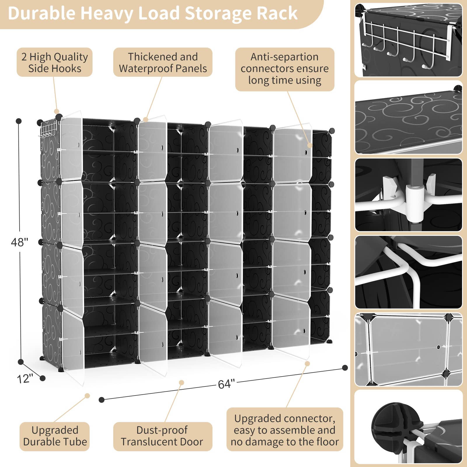 Portable Shoe Storage Cabinet with Door - Holds 64 Pairs of Shoes, Adjustable Plastic Shoe Rack Organizer, Stackable & Expandable 8-Tier Black Shoe Shelf for Easy Assembly - Perfect for Closet, Entryway, Bedroom & Mudroom Organization