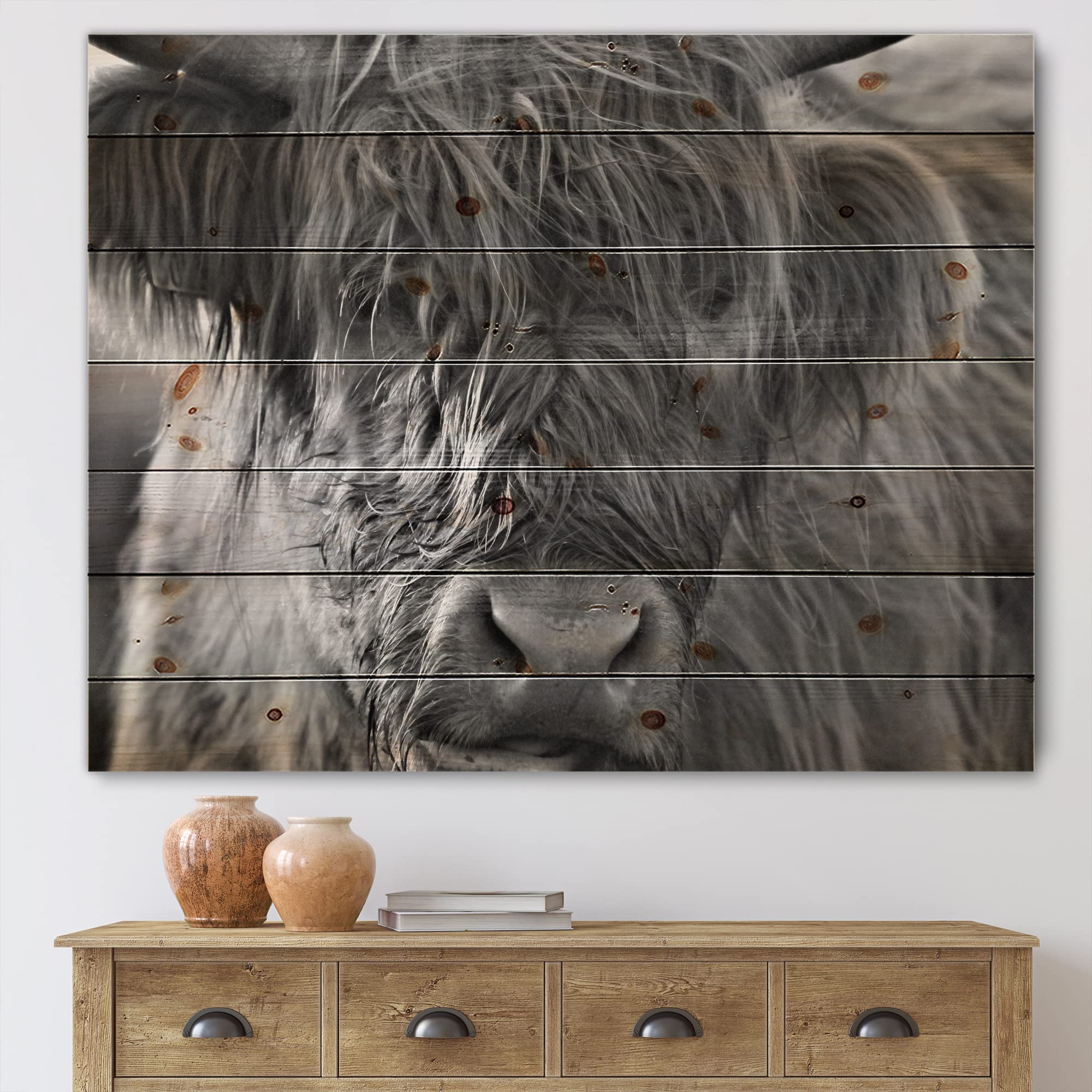Scottish Highland Cows Living On Moorland Farmhouse Wood Wall Decor - Grey Wood Wall Art with Large Animals - Natural Pine Wood Wall Panels for Living Room, Bedroom & Farmhouse Decor