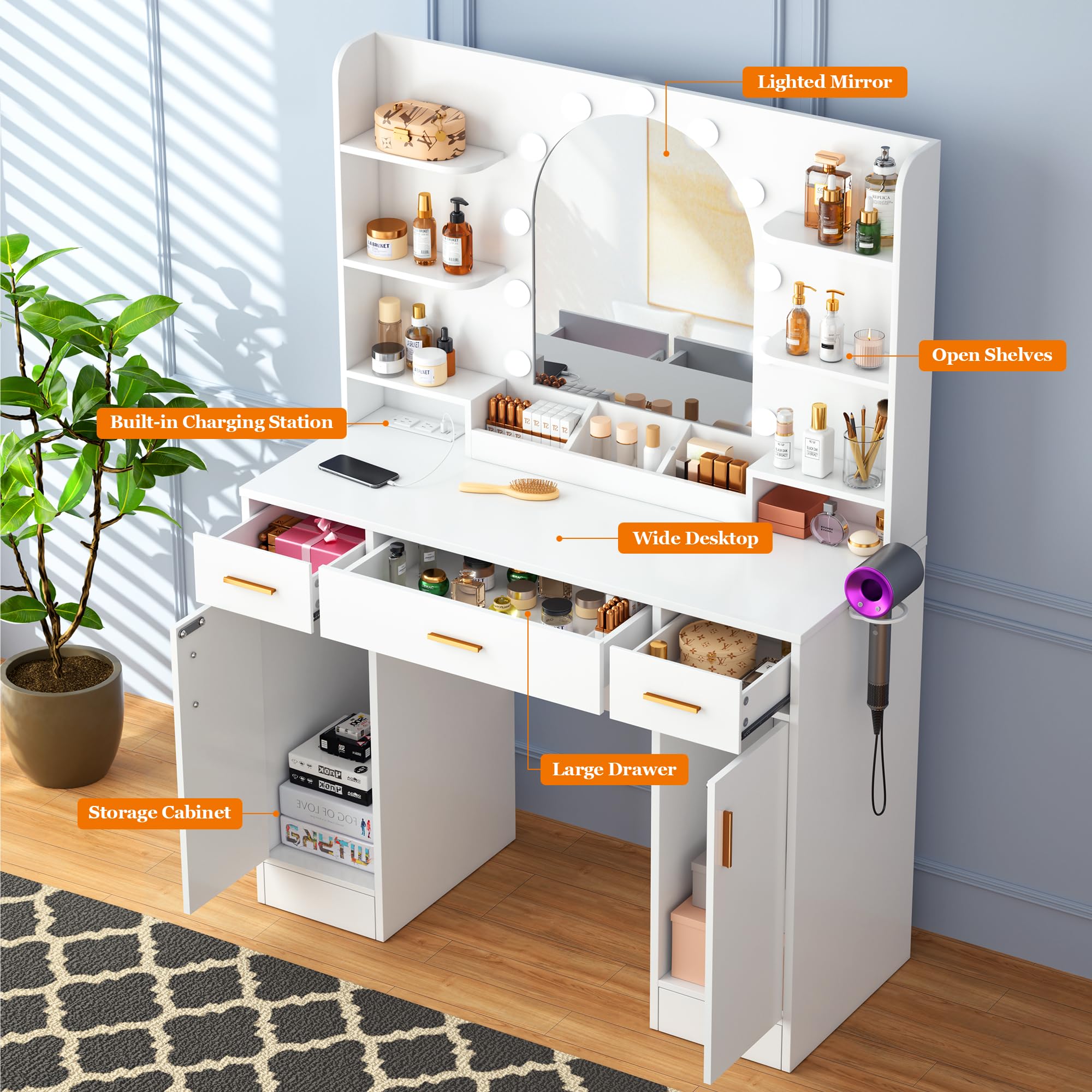 Vanity Desk with Mirror & 11 LED Lights - White Makeup Vanity Table Set with Chair, 5 Drawers, 3 Lighting Modes & 5 Brightness Levels - Dressing Table for Bedroom, Home Decor & Beauty Room Organization
