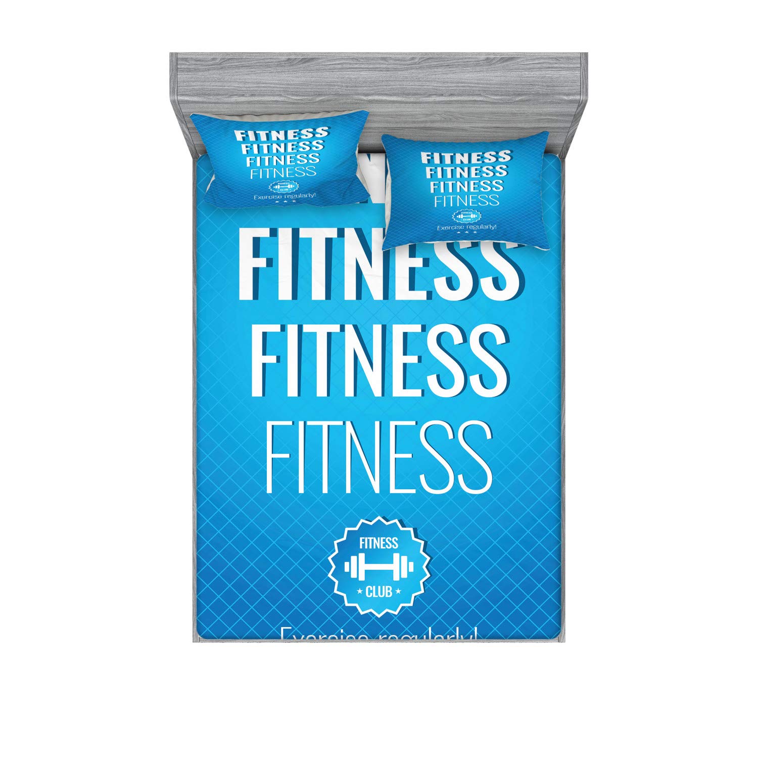 Ambesonne Fitness Fitted Sheet & Pillow Sham Set - Motivational Exercise Themed 3-Piece Queen Bedding Set in Pale Blue & White Checkered Design | Perfect for Gym Enthusiasts & Home Workout Spaces
