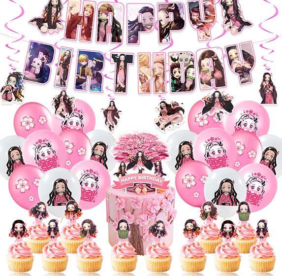 Demon Slayer Anime Birthday Party Decorations Kit - 38Pcs Nezuko Theme Party Supplies with Banner, Balloons & Cake Topper | Perfect for Anime Themed Birthday Celebrations, Cosplay Events and Fan Gatherings