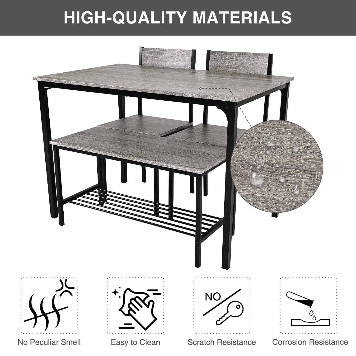 PULUOMIS 4-Piece Modern Dining Set with Table, 2 Chairs & Bench - Grey Kitchen & Breakfast Table for Home, Bistro, Patio, Garden | Perfect for Small Spaces & Family Meals