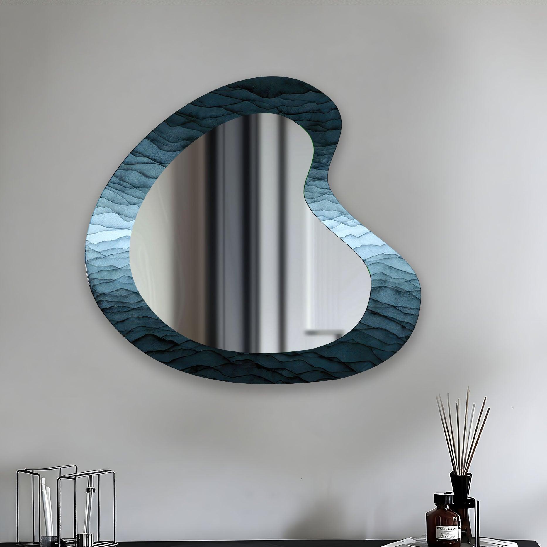 Abstract Blue Asymmetrical Wall Mirror - Modern Decorative Mirror for Living Room, Bedroom, Entryway - Unique Handmade Art Piece for Home Decor