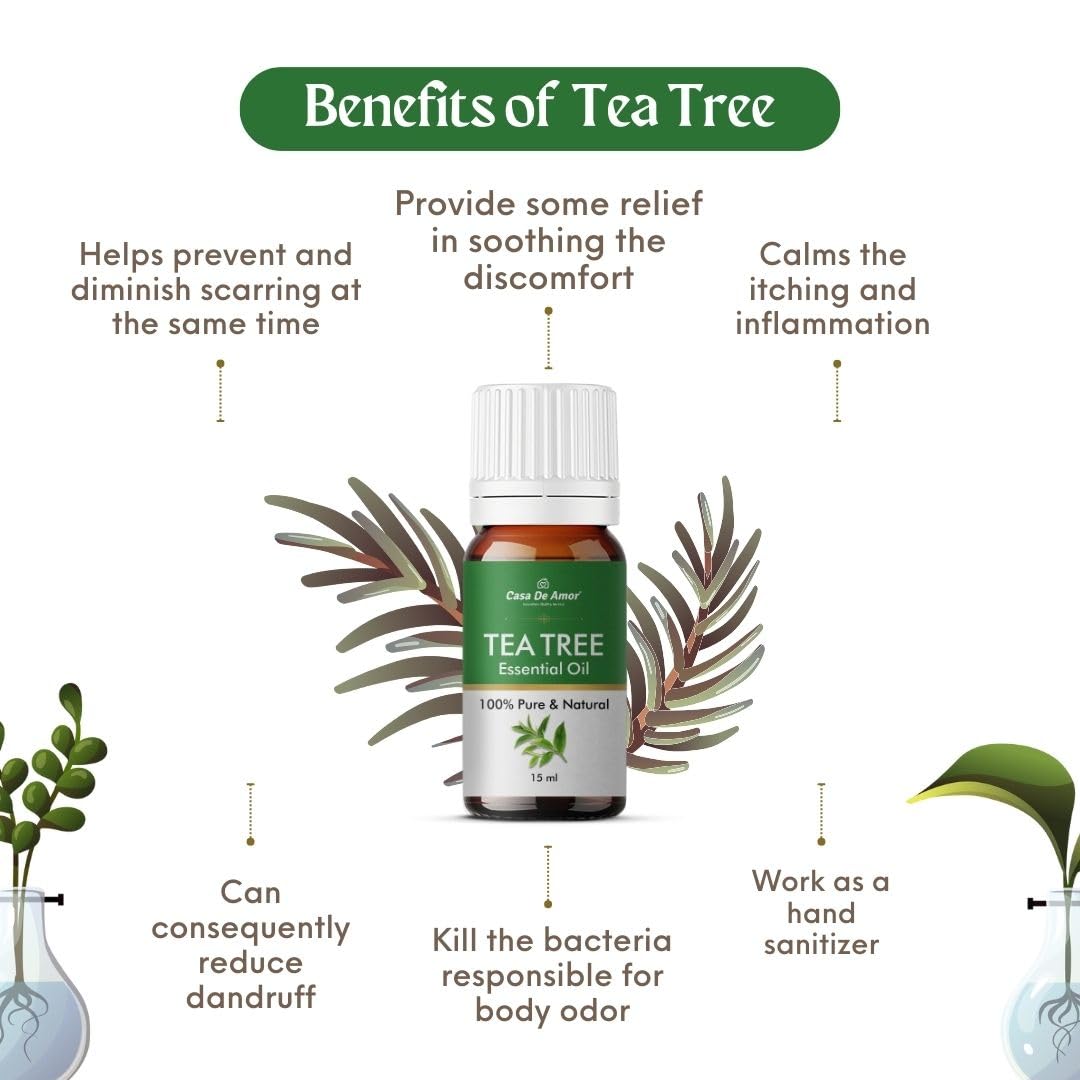 Pure Tea Tree Oil for Skin & Hair - Reduces Acne, Promotes Clear Skin & Hair Growth | 15ml Essential Oil for Face Care, Scalp Treatment & Natural Beauty | Perfect for DIY Skincare & Aromatherapy