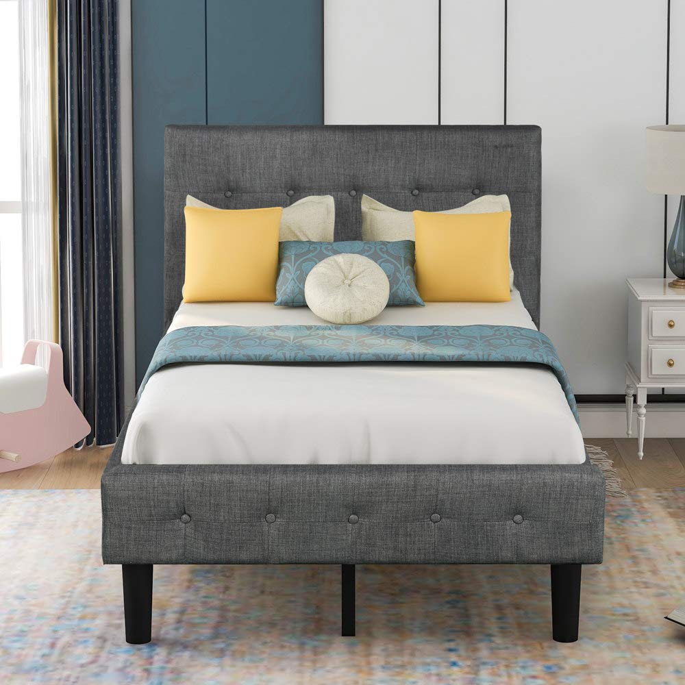 **Upholstered Wood Platform Bed Frame with Tufted Headboard - Twin Size, Wood Slat Support, No Box Spring Needed, Gray - Perfect for Modern Bedrooms & Guest Rooms**