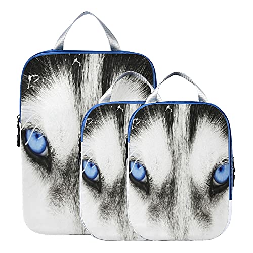 Blue Eyes Husky Dog 3-Piece Waterproof Packing Cubes Set - Oxford Cloth Travel Organizers & Toiletry Storage Bags for Suitcases, Carry-Ons & Weekend Trips