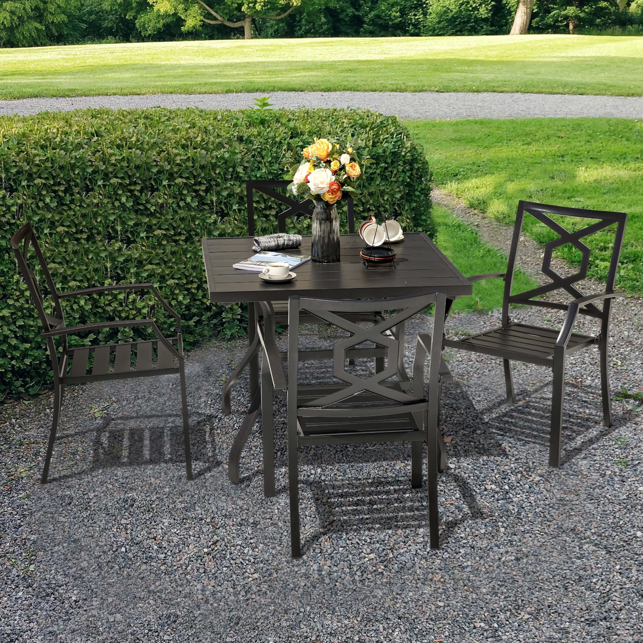 NUU GARDEN 5-Piece Black Wrought Iron Outdoor Dining Set with Square Table & 4 Stackable Chairs - Patio Furniture with Umbrella Hole for Lawn, Backyard, Balcony, Garden & Poolside Dining
