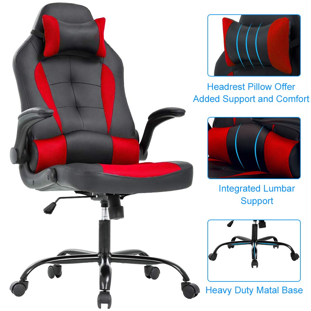 Ergonomic Gaming Chair with Lumbar Support & Head Pillow - Adjustable Leather Office Desk Chair for Home & Computer Work - Modern Executive Swivel Task Chair with Rolling Wheels (Red) - Perfect for Gaming, Remote Work & Home Office Setup