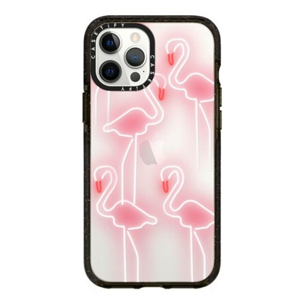 CASETiFY Impact Case for iPhone 12 Pro Max - Shockproof Clear Black Phone Cover with Neon Flamingo Design | Perfect for Outdoor, Travel & Everyday Protection