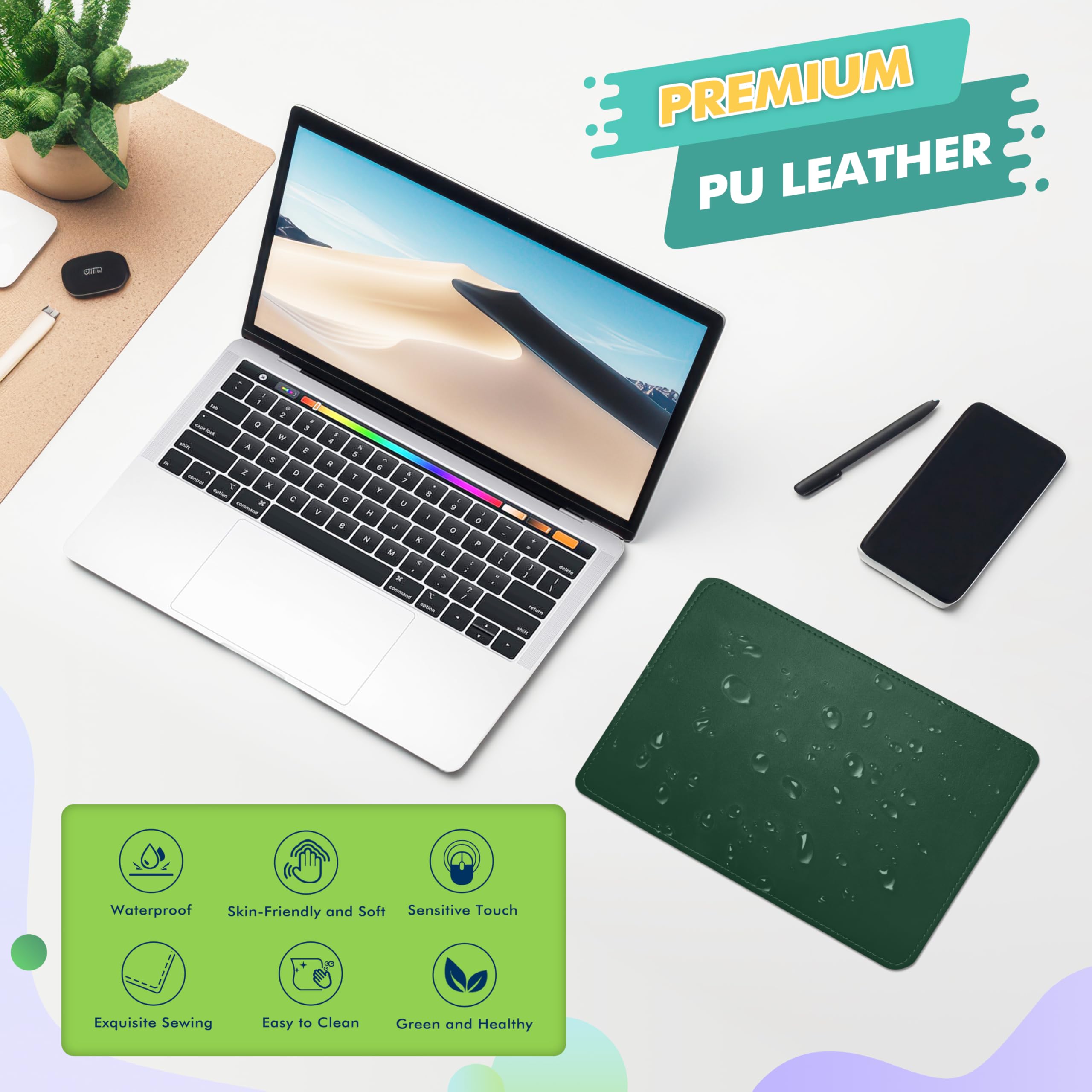 Premium PU Leather Mouse Pad with Stitched Edge - Non-Slip Microfiber Base, Waterproof Desk Mat for Computer & Laptop (8x11 Inch, Army Green) - Perfect for Office, Gaming & Home Workspace