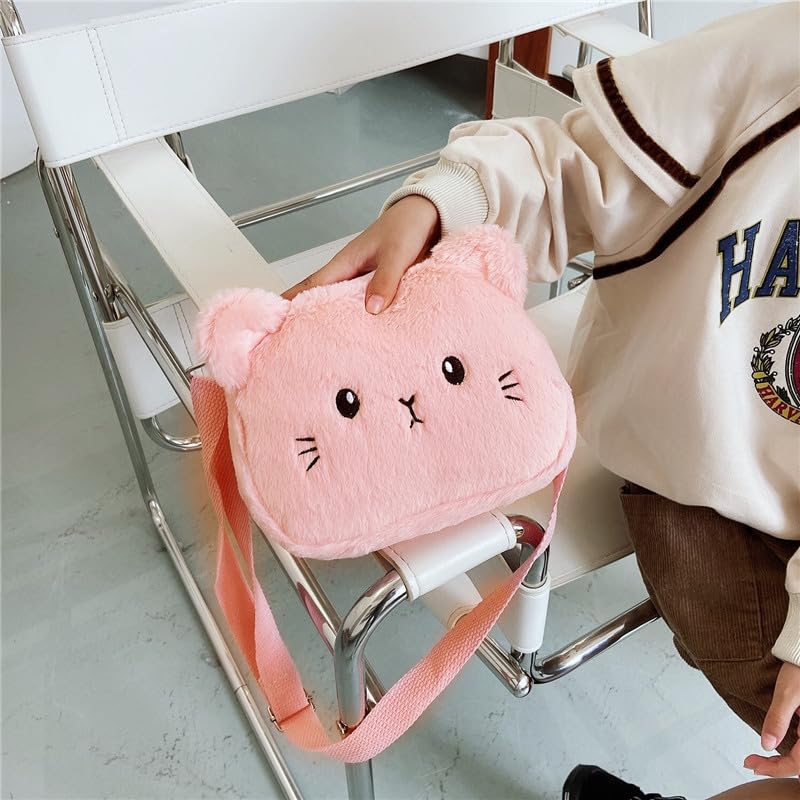 Adorable Pink Fluffy Cat Crossbody Bag for Women - Small Plush Shoulder Purse, Kawaii Animal Messenger Satchel - Perfect for Casual Outings, Shopping & Travel
