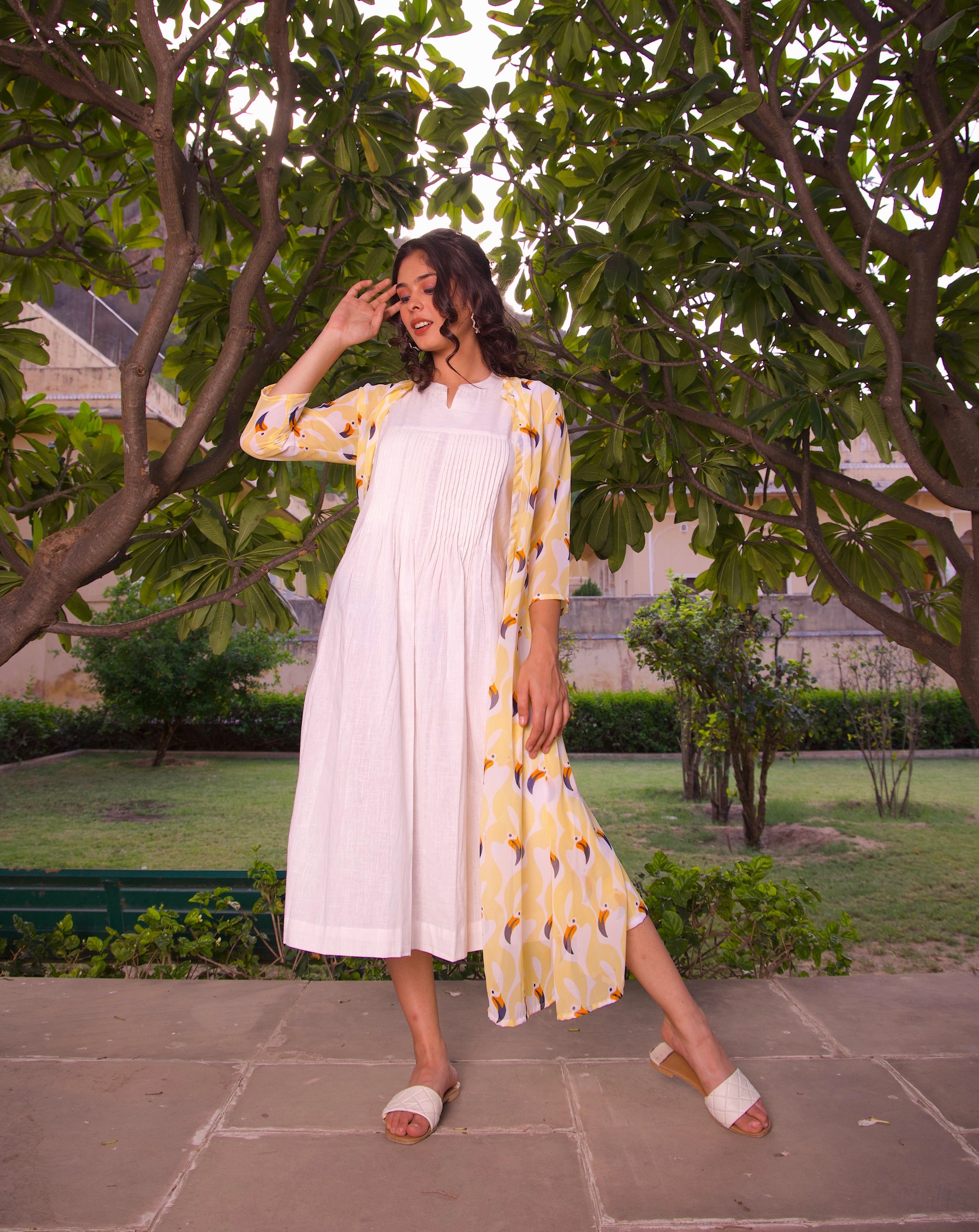 Stylish Yellow Printed Jacket & Maxi Dress Set for Women - Trendy Spring/Summer Outfit for Beach, Party & Casual Wear