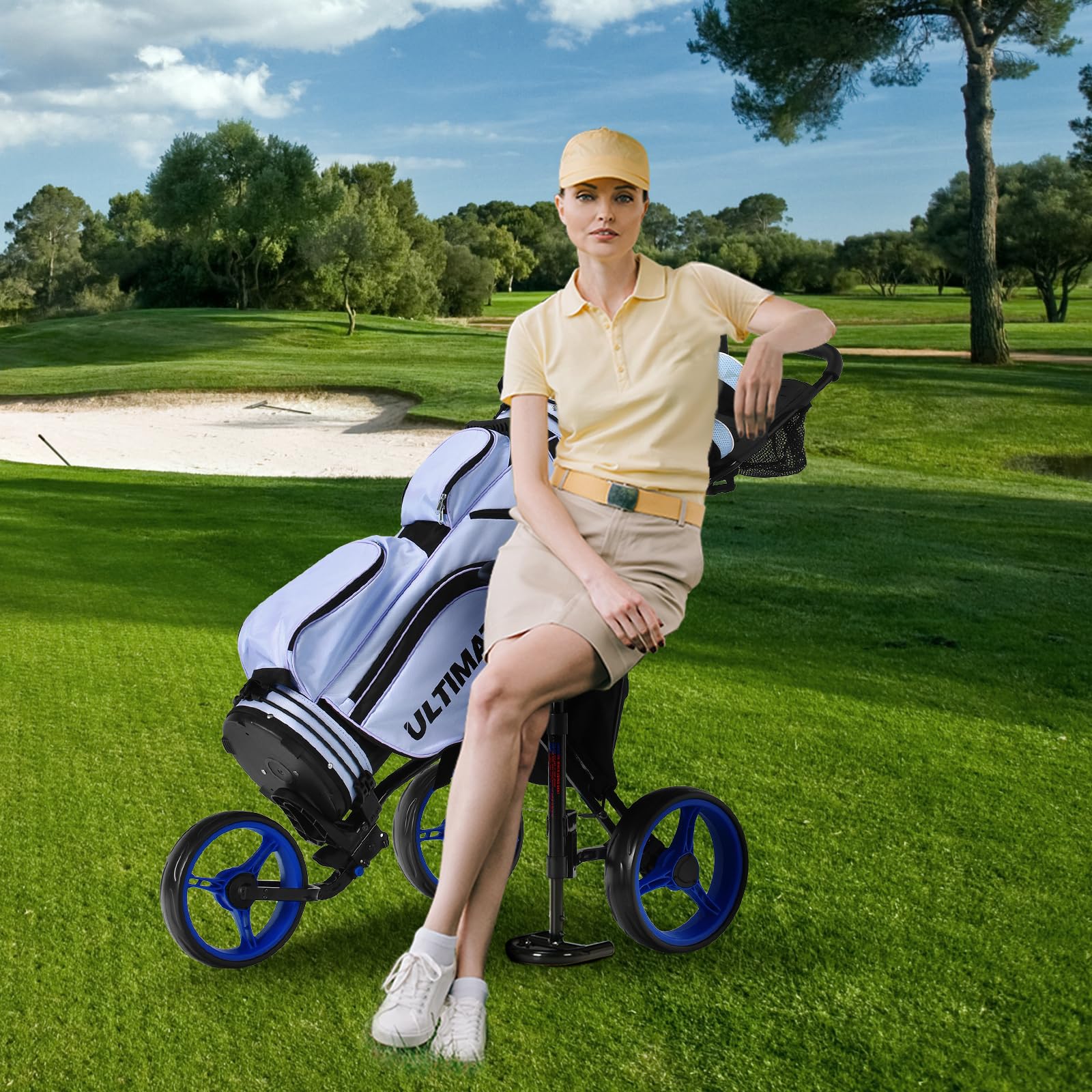 ULTIMATE 3 Wheel Golf Push Pull Cart - Foldable Lightweight Golf Bag Trolley with Adjustable Seat, Handle & Foot Brake | Includes Scorecard Holder, Umbrella Holder, Cup Holder & Storage Bag | Perfect for Golf Courses, Driving Ranges & Outdoor Practice