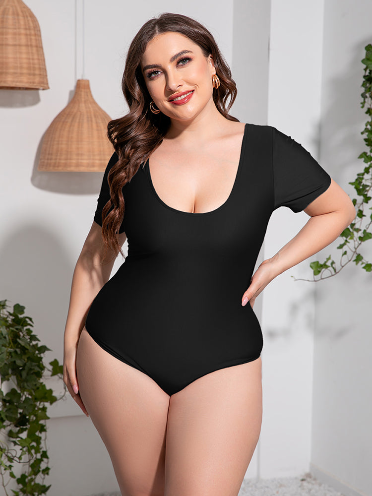 Plus Size Scoop Neck Short Sleeve One Piece Swimsuit for Women - Comfortable Bathing Suit with Tummy Control - Perfect for Beach, Pool, and Summer Vacation