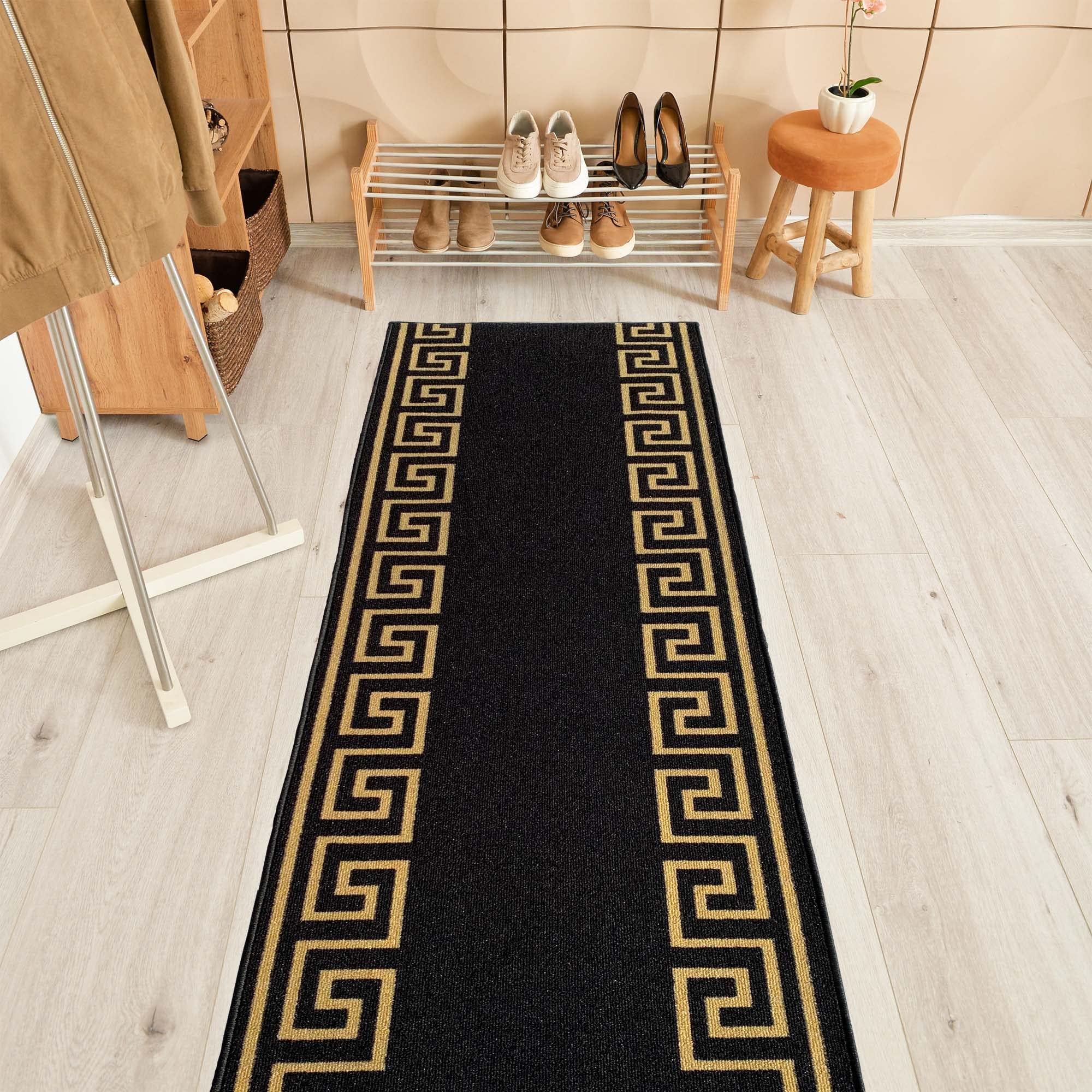 Custom Size Greek Key Design Black & Gold Non-Slip Rubber Backed Runner Rug - 31 Inch Wide x Your Length (31in x 17ft) - Perfect for Hallways, Stairs, Entryways & High Traffic Areas